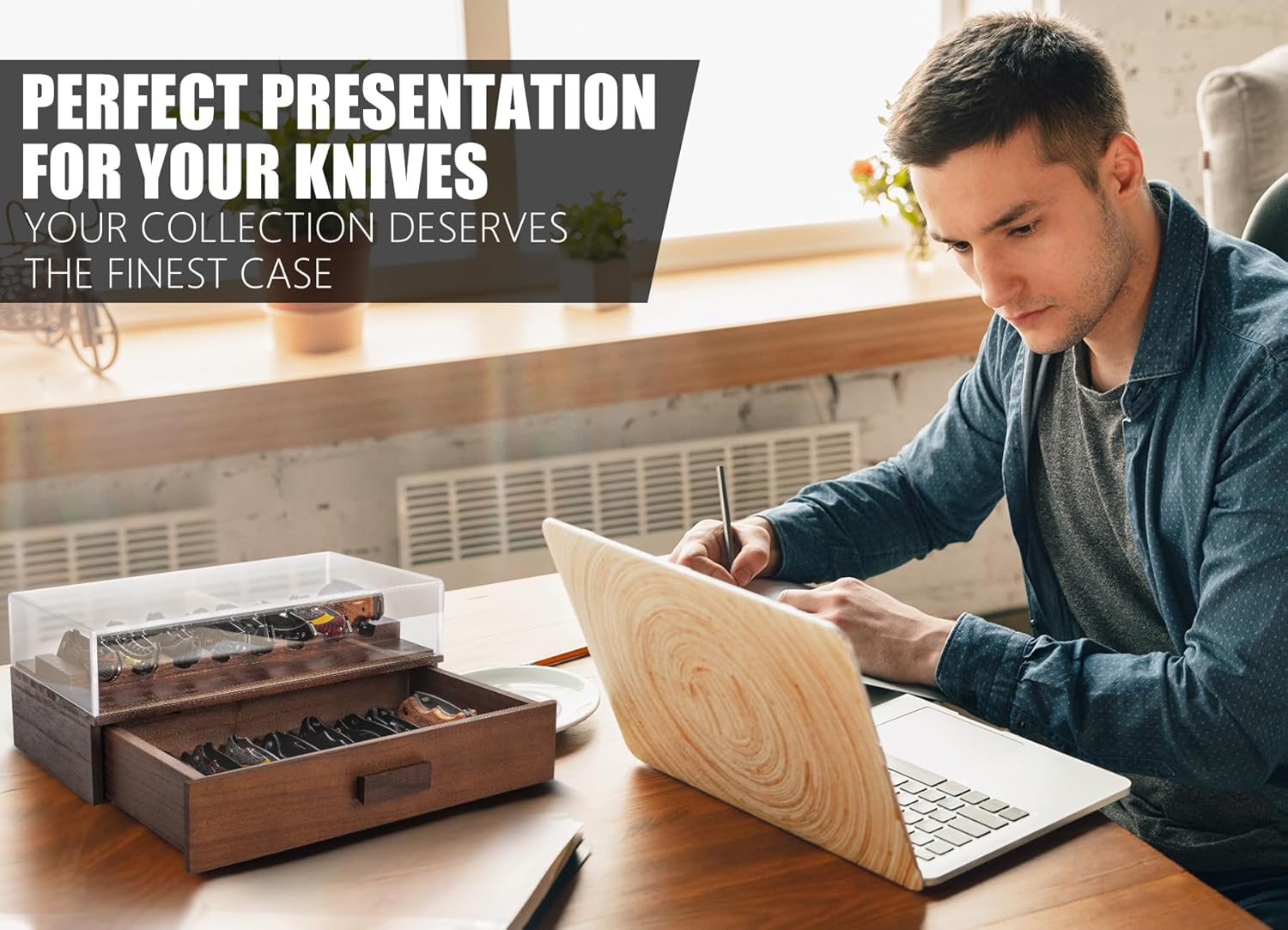 16-Blade Pocket Knife Display Case - Solid Wood Removable Drawer EDCibling - Brown
