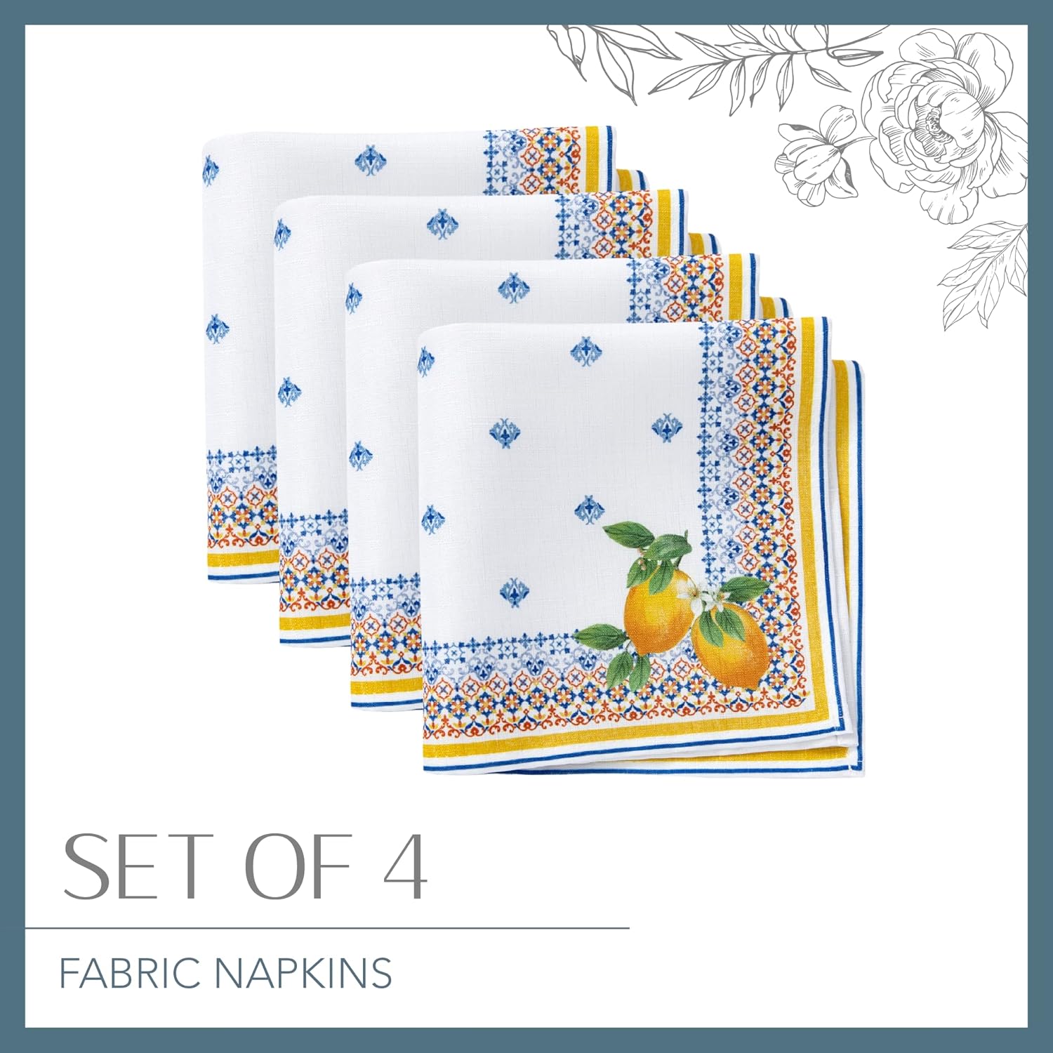 Elrene Home Fashions Capri Lemon Double-Bordered Mediterranean SpringSummer Cloth Napkins