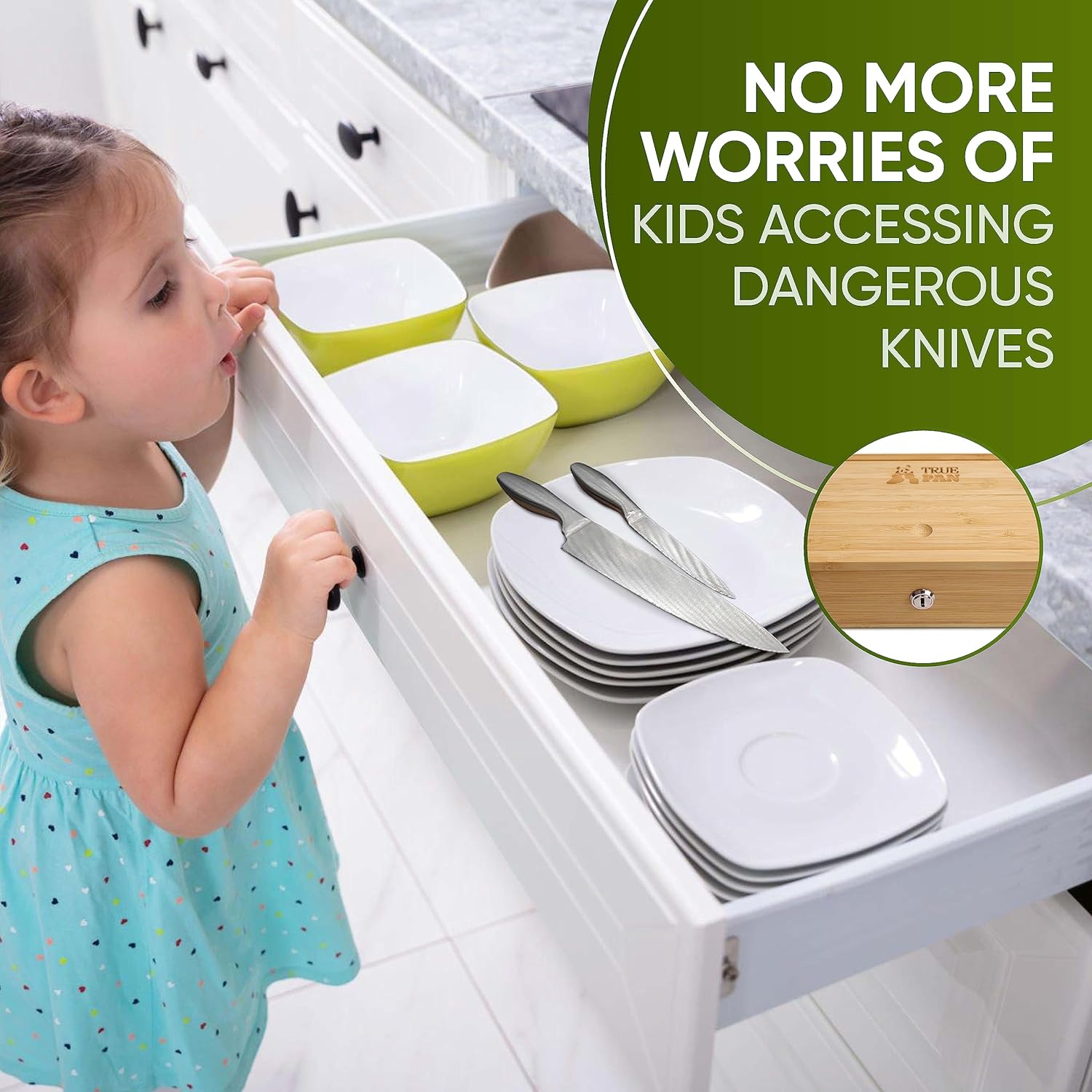 TrueBlueBamboo Kids Safe Bamboo Knife Holder for Drawers 25 Knives Capacity