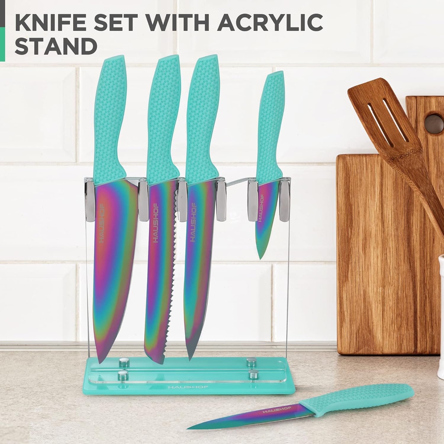 HAUSHOF 5 Piece Rainbow Knife Set with Acrylic Block