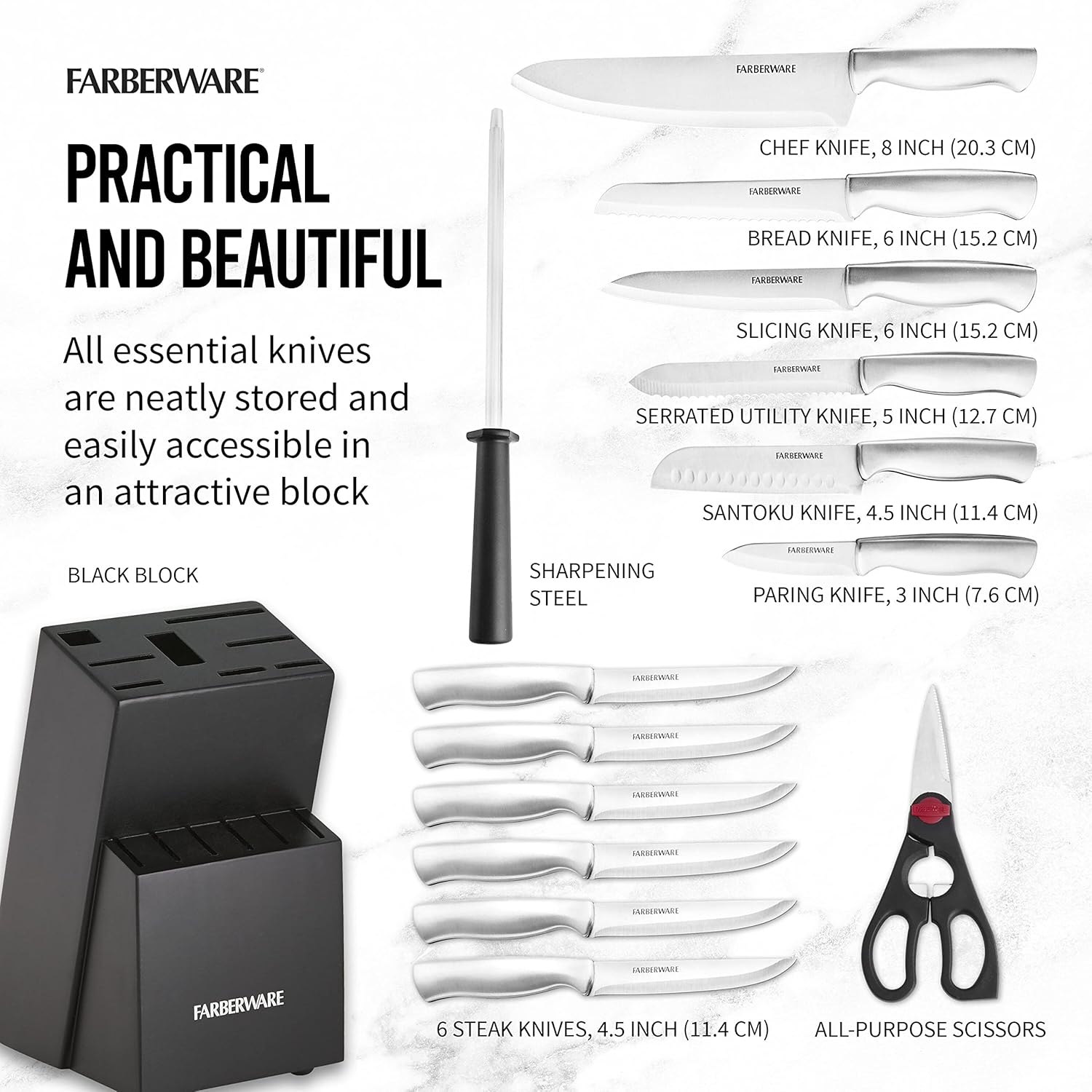Farberware 15-Piece Stamped Stainless Steel Knife Set with Precision Cuts