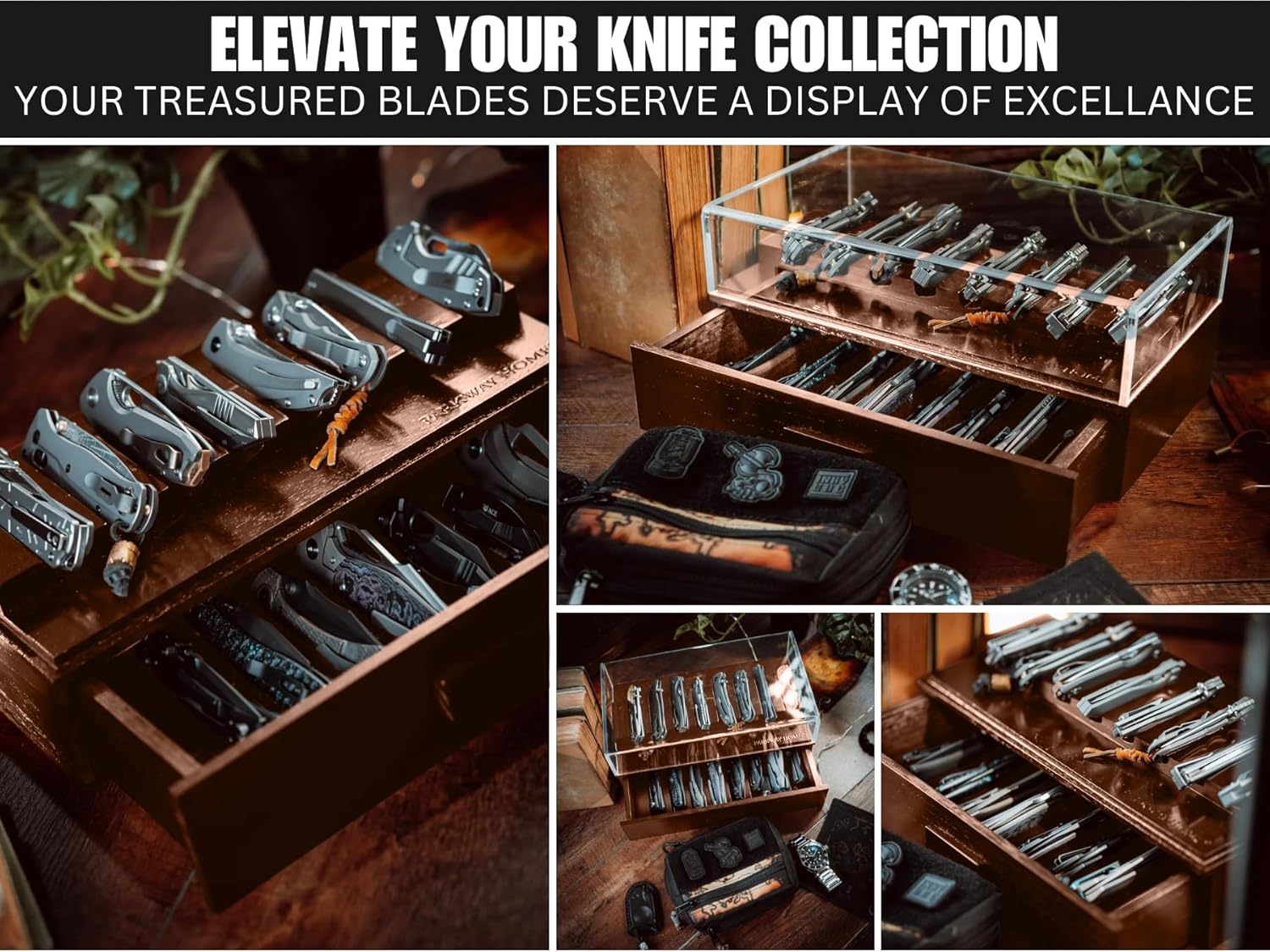 16-Blade Pocket Knife Display Case - Solid Wood Removable Drawer EDCibling - Brown