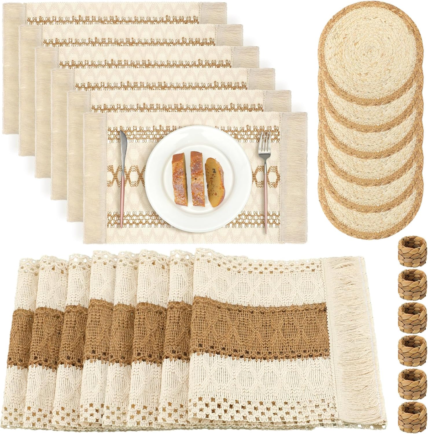 Boho Table Runner Set with Placemats Napkin Rings for Farmhouse Dining
