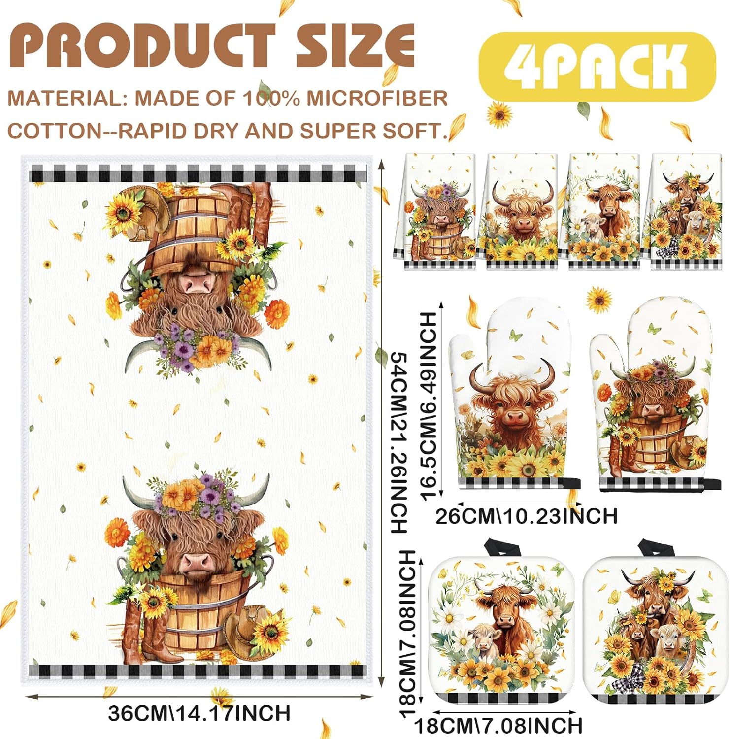 VitalCozy 8-Piece Summer Kitchen Set - Sunflower Cow Pot Holders Oven Mitts