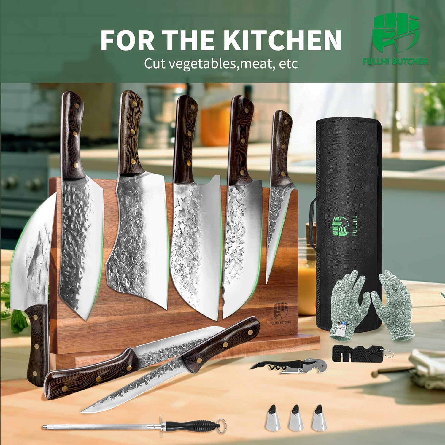 FULLHI 15PCS Chef Butcher Knife Set with Magnetic Holder