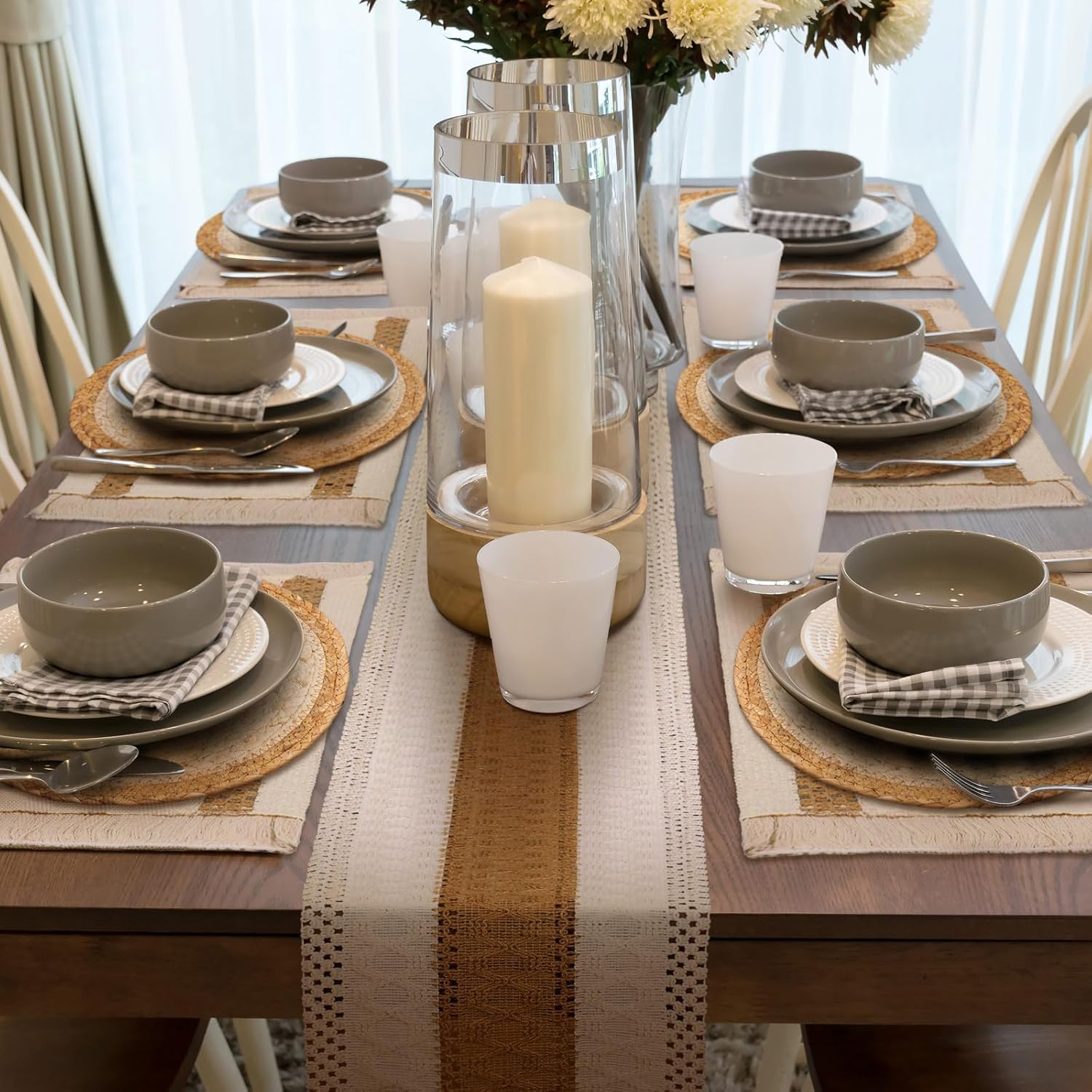 Boho Table Runner Set with Placemats Napkin Rings for Farmhouse Dining