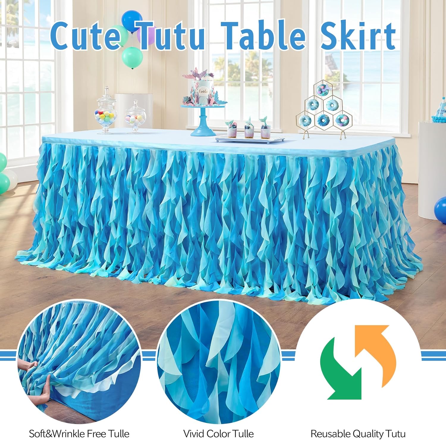 Leegleri 6FT Tulle Table Skirt Ocean Blue Perfect for Baby Celebrations