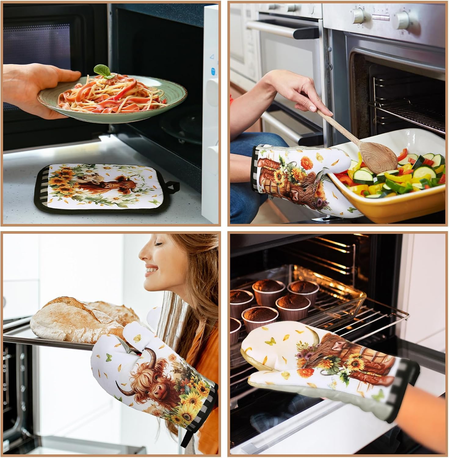 VitalCozy 8-Piece Summer Kitchen Set - Sunflower Cow Pot Holders Oven Mitts