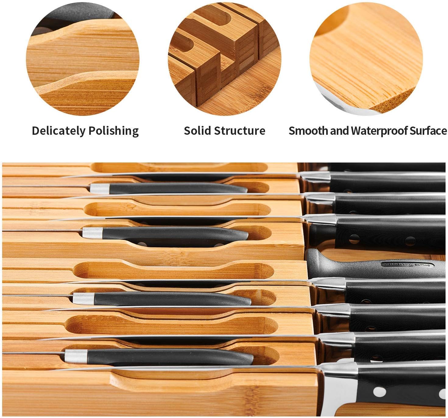 Premium Bamboo Knife Block Kitchen Organizer for 16 Knives Sharpener