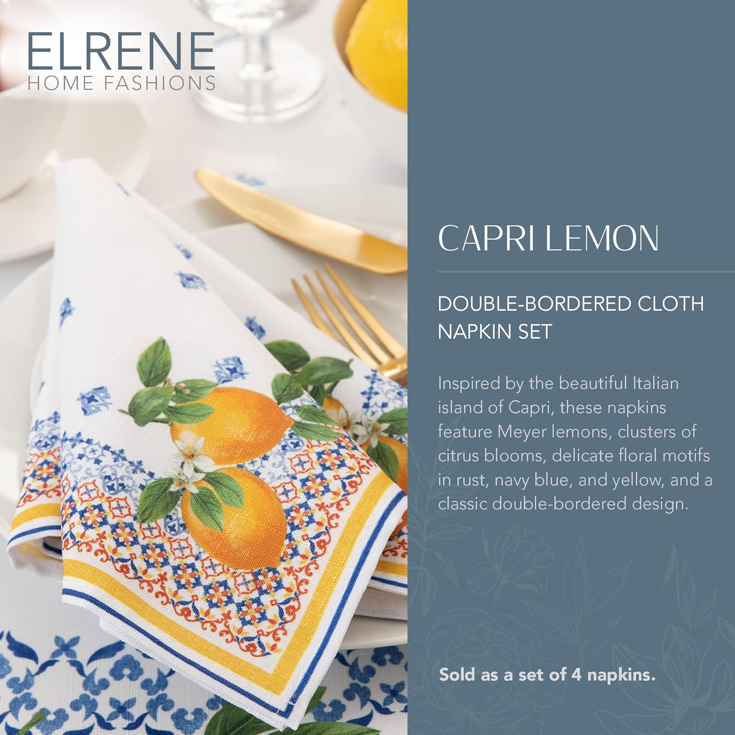 Elrene Home Fashions Capri Lemon Double-Bordered Mediterranean SpringSummer Cloth Napkins