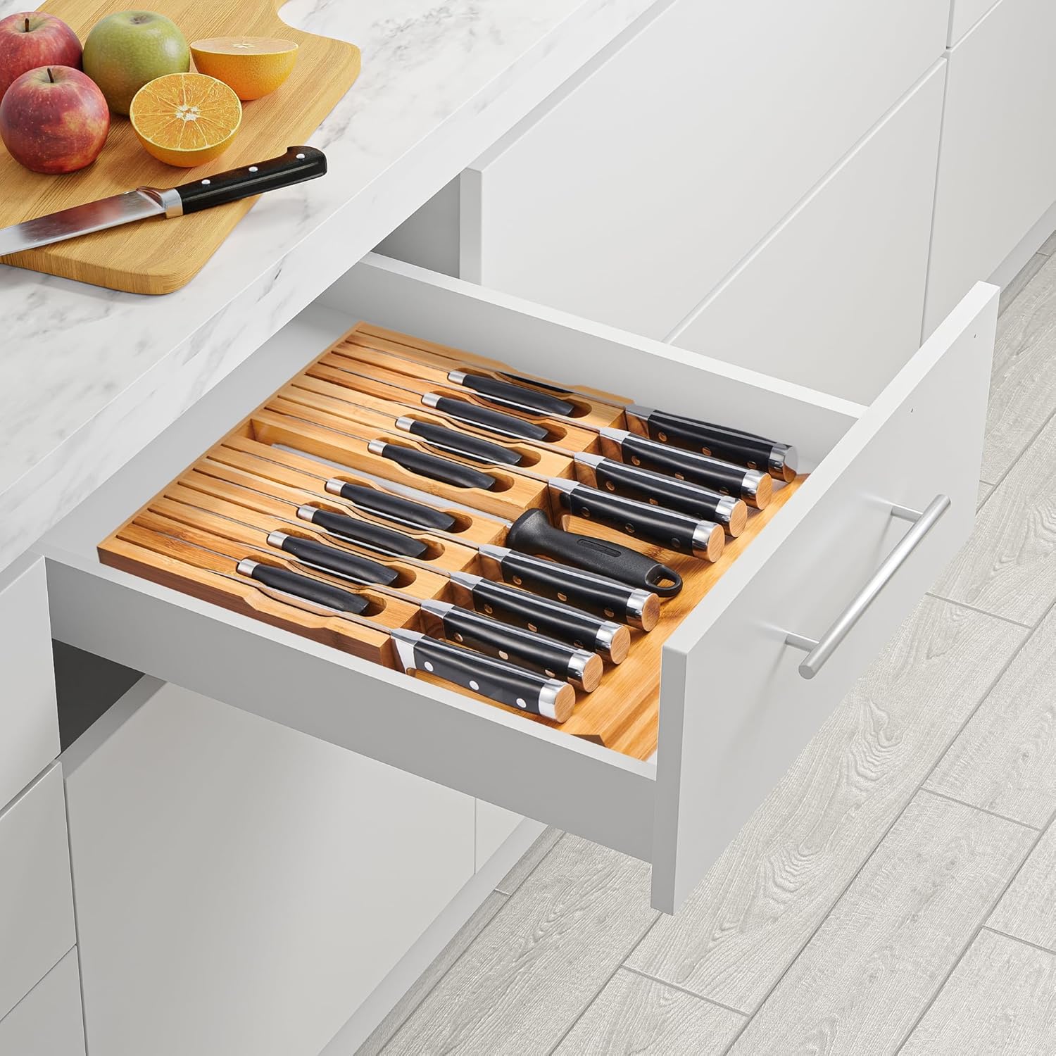 Premium Bamboo Knife Block Kitchen Organizer for 16 Knives Sharpener
