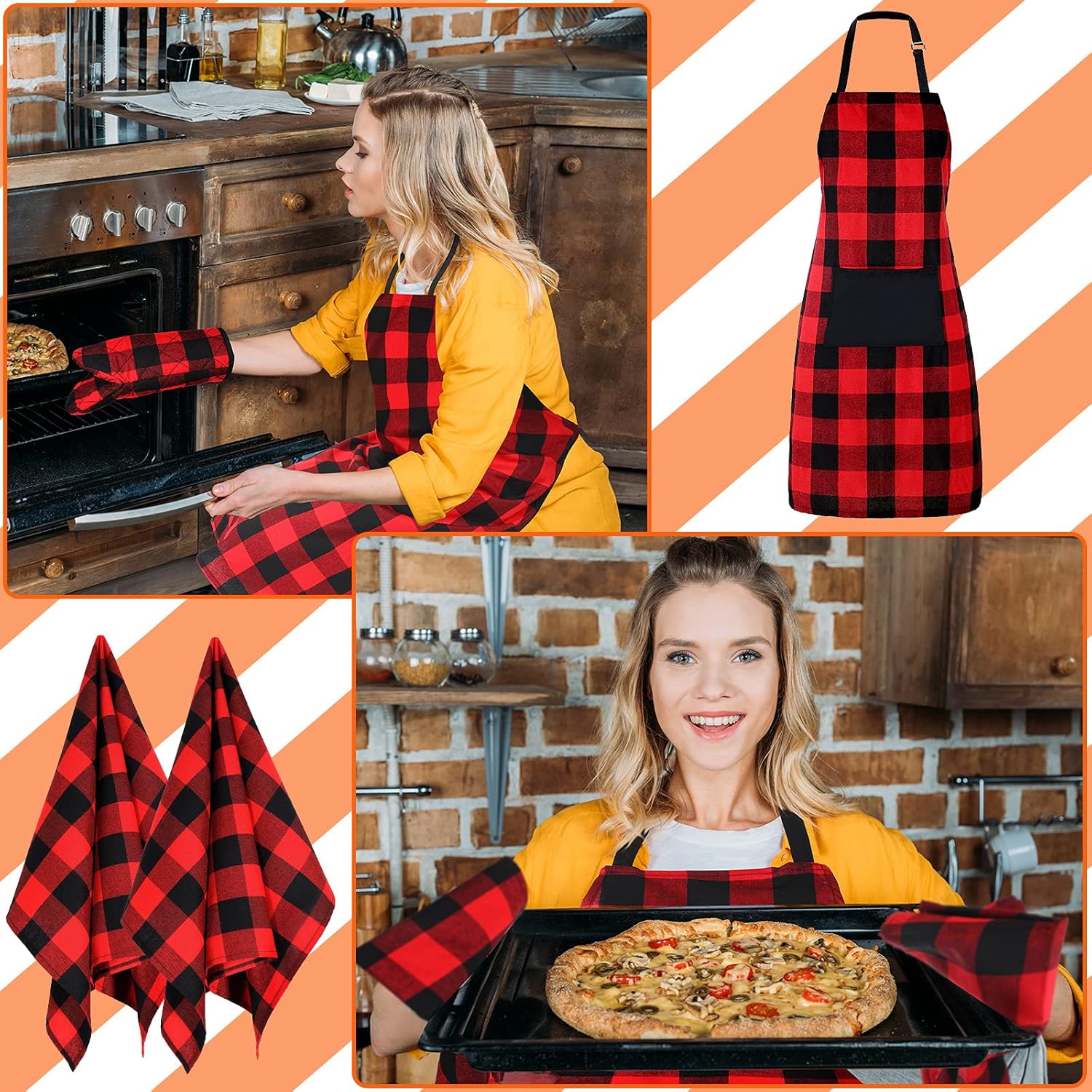 SA Xinior 6-Piece Buff Plaid Apron Set for Kitchen Use