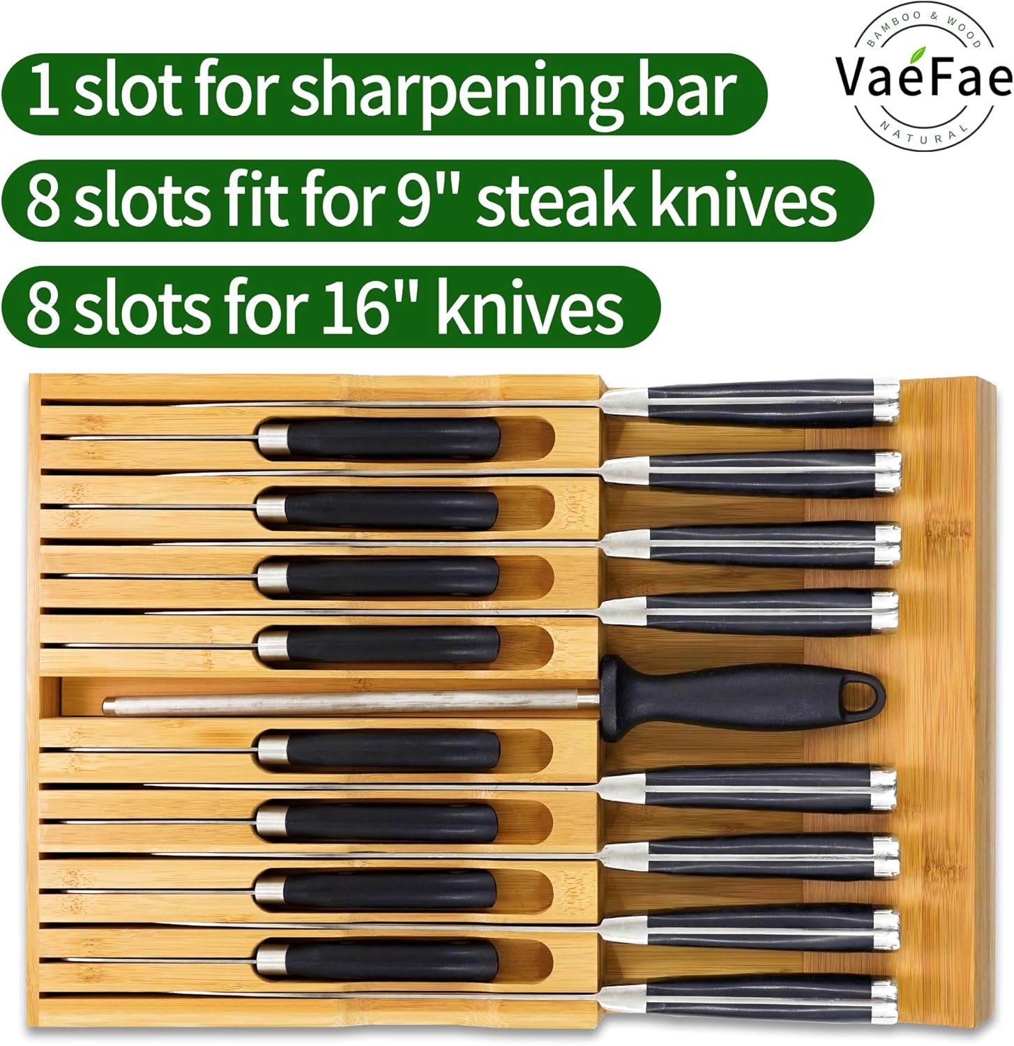 Premium Bamboo Knife Block Kitchen Organizer for 16 Knives Sharpener