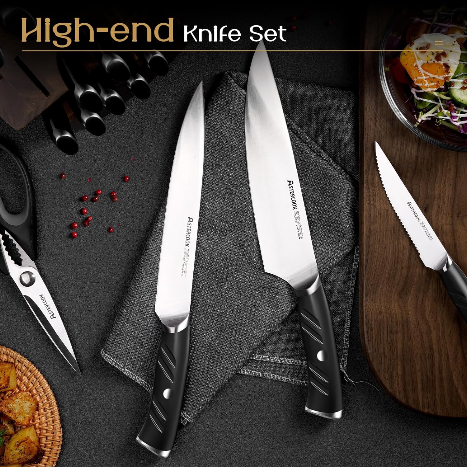 15-Piece German Kitchen Knife Set with Full Tang Handles