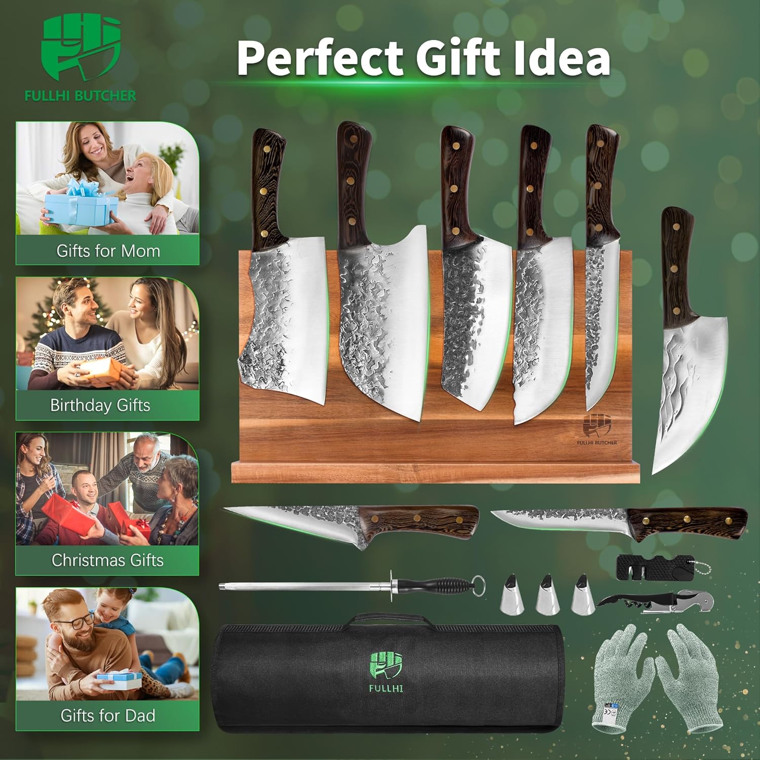 FULLHI 15PCS Chef Butcher Knife Set with Magnetic Holder