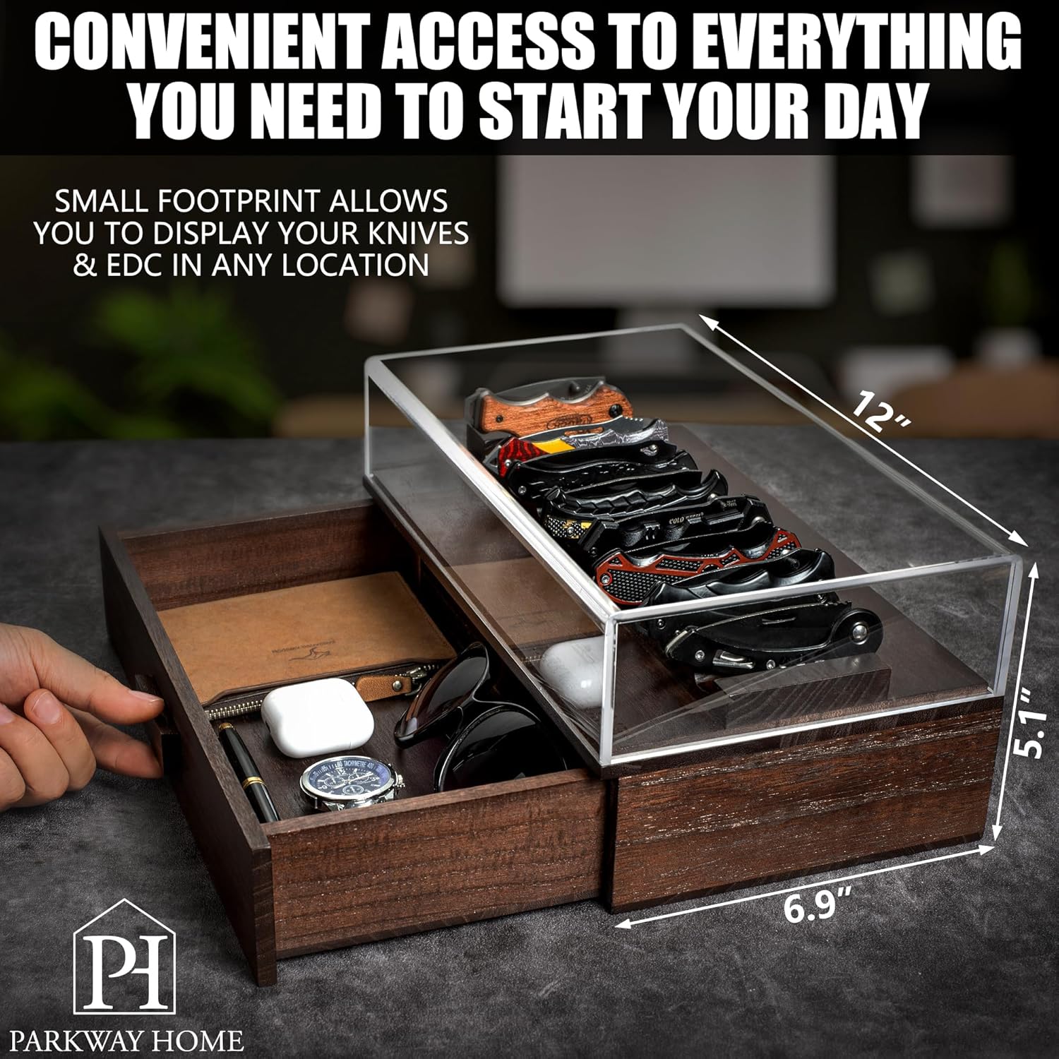 16-Blade Pocket Knife Display Case - Solid Wood Removable Drawer EDCibling - Brown