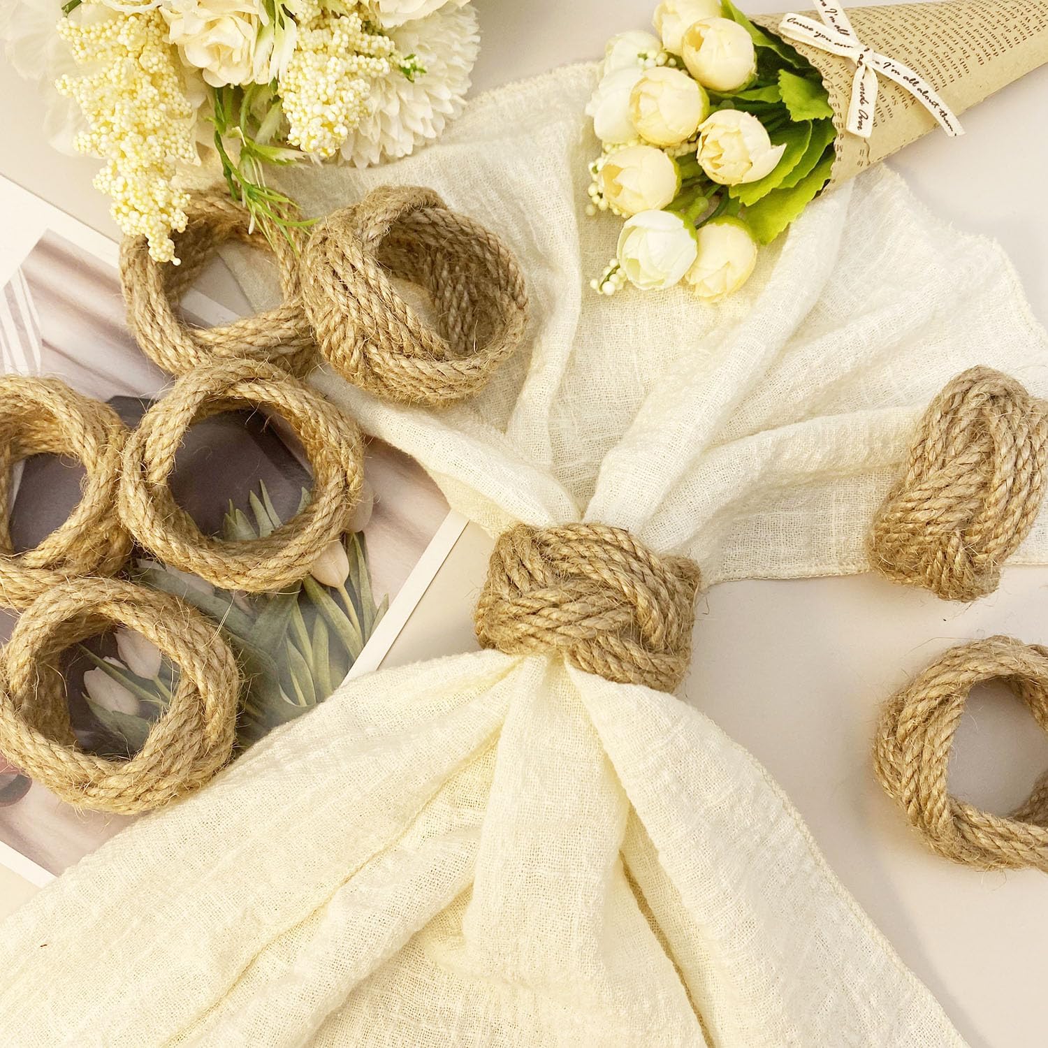 WINGFISH Farmhouse Napkin Rings Set of 12 Narrow Rectangular Napkins Bulk natura
