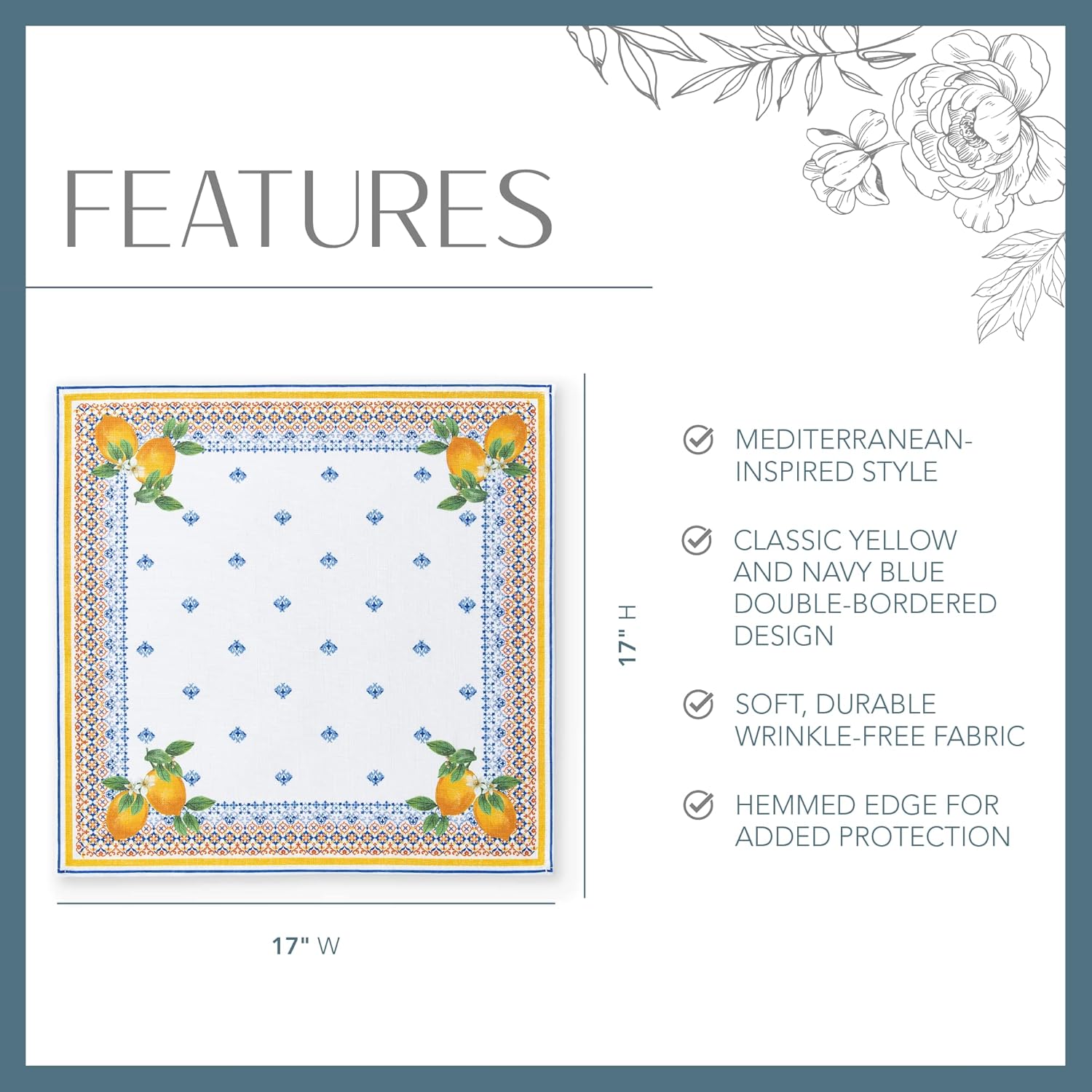Elrene Home Fashions Capri Lemon Double-Bordered Mediterranean SpringSummer Cloth Napkins