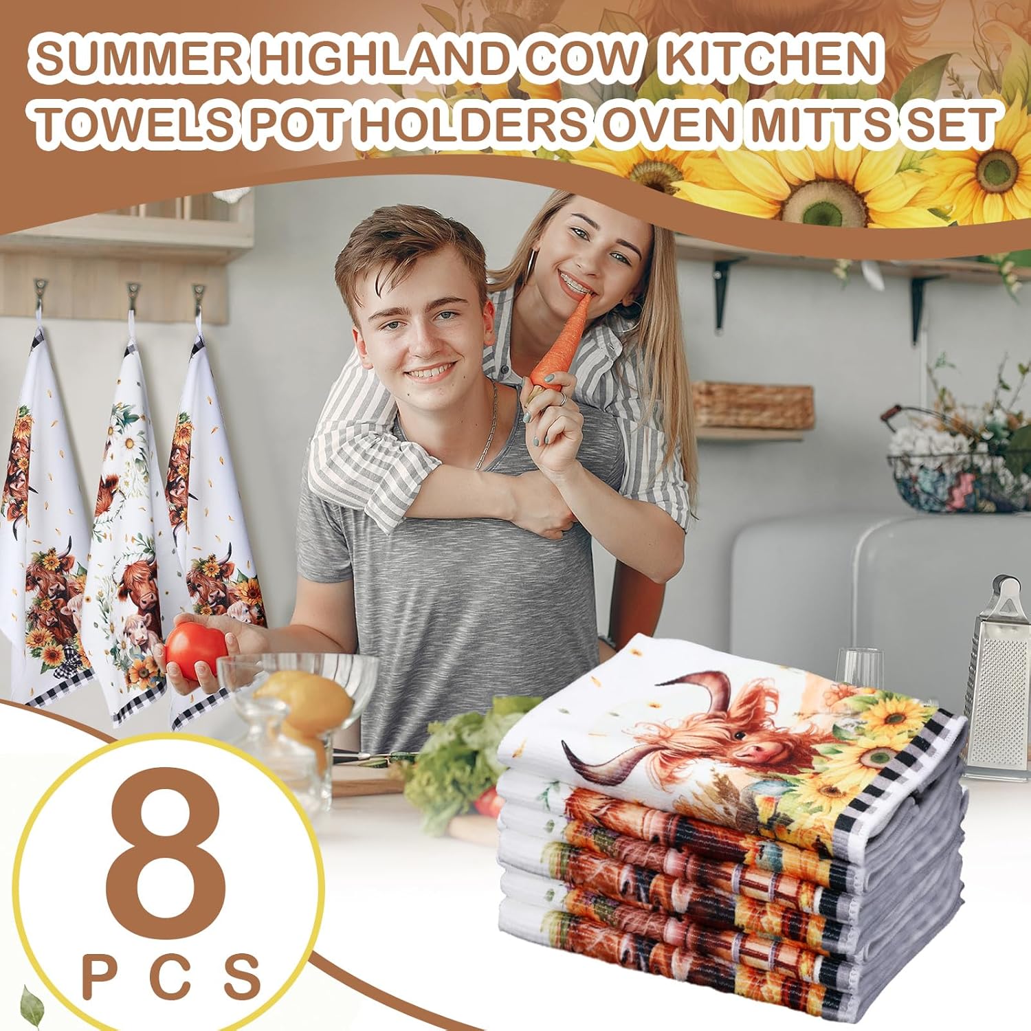 VitalCozy 8-Piece Summer Kitchen Set - Sunflower Cow Pot Holders Oven Mitts