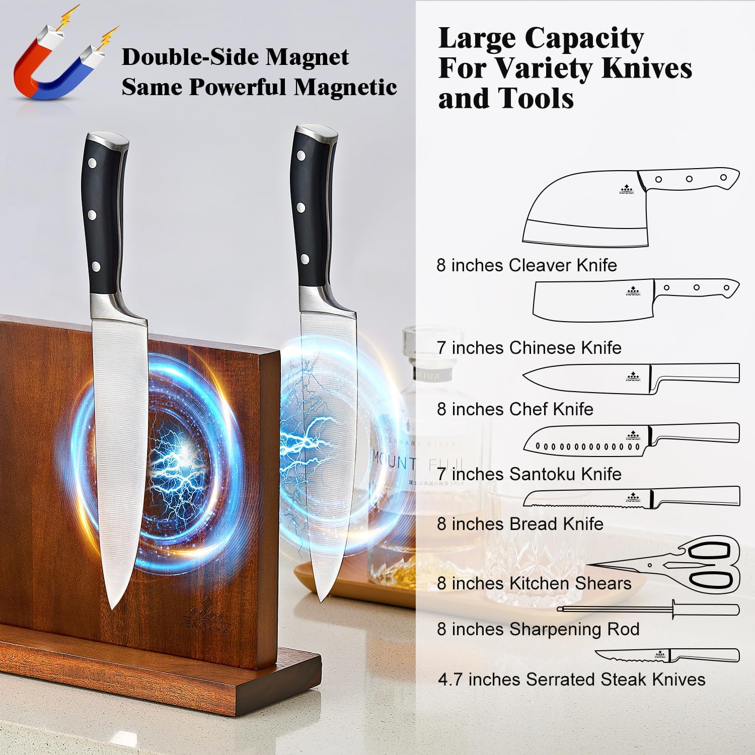 ENOKING Magnetic Knife Block with Acacia Wood