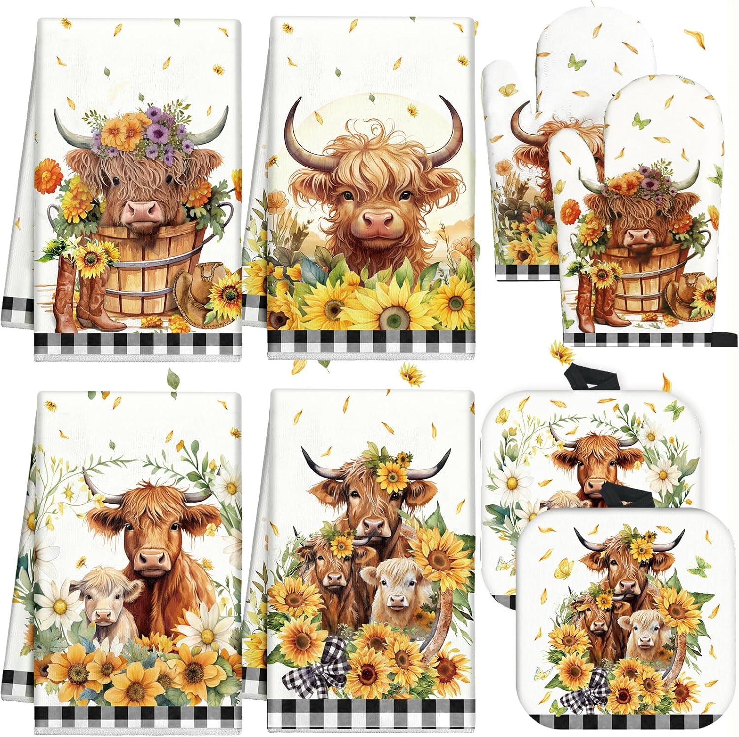 VitalCozy 8-Piece Summer Kitchen Set - Sunflower Cow Pot Holders Oven Mitts