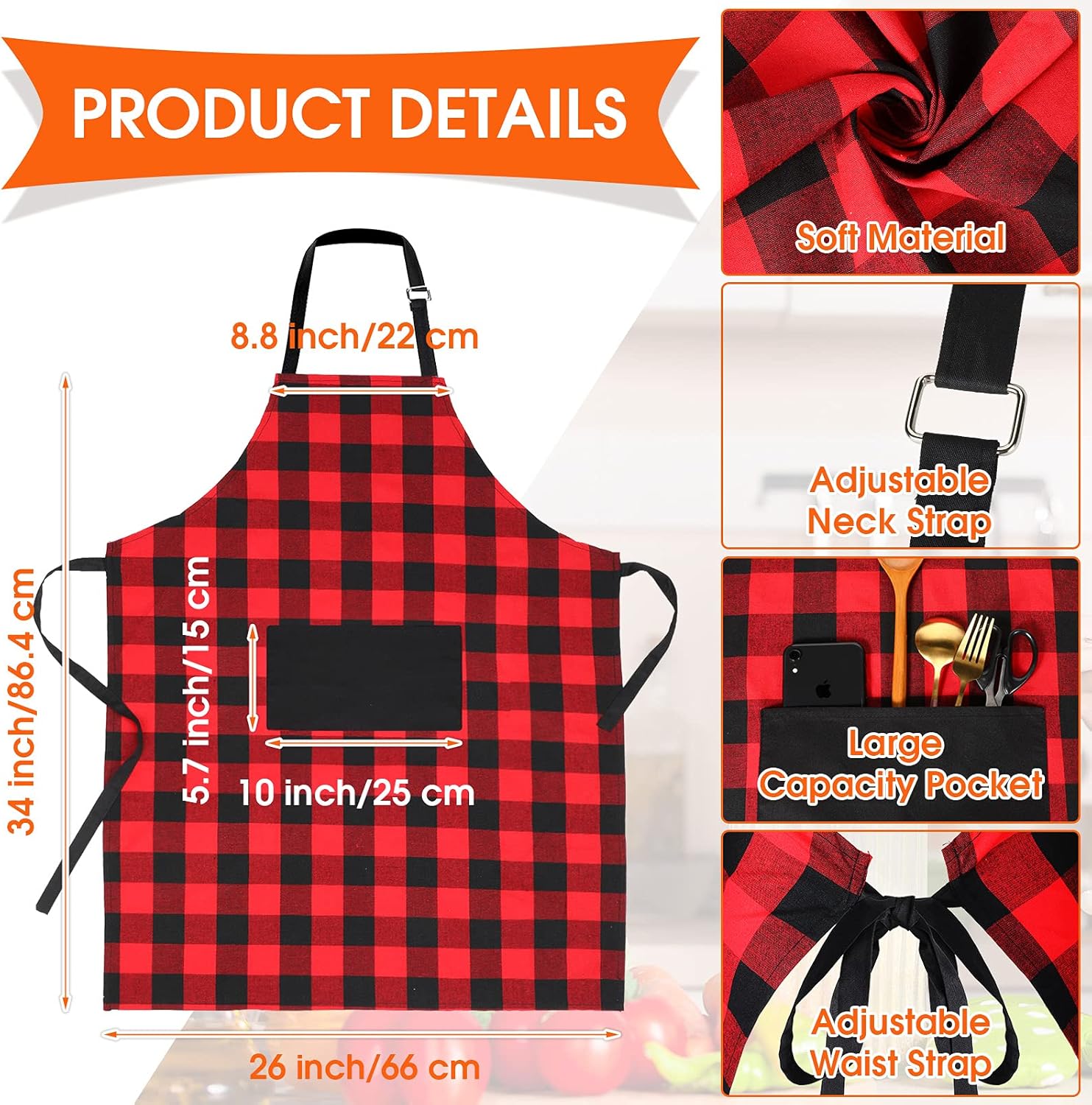 SA Xinior 6-Piece Buff Plaid Apron Set for Kitchen Use