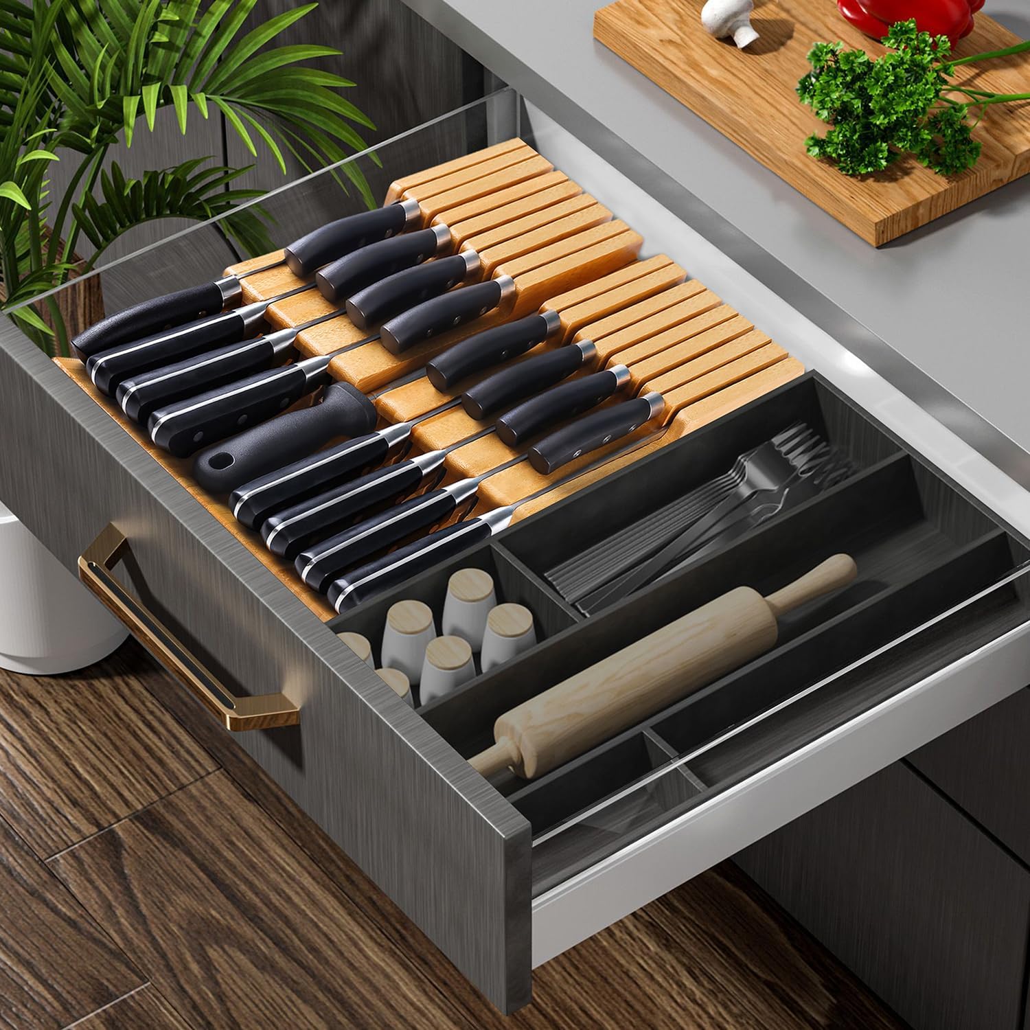 BBAMKnife Organizer with Sharpener Detachable Bamboo Knife Block for 16 Knives