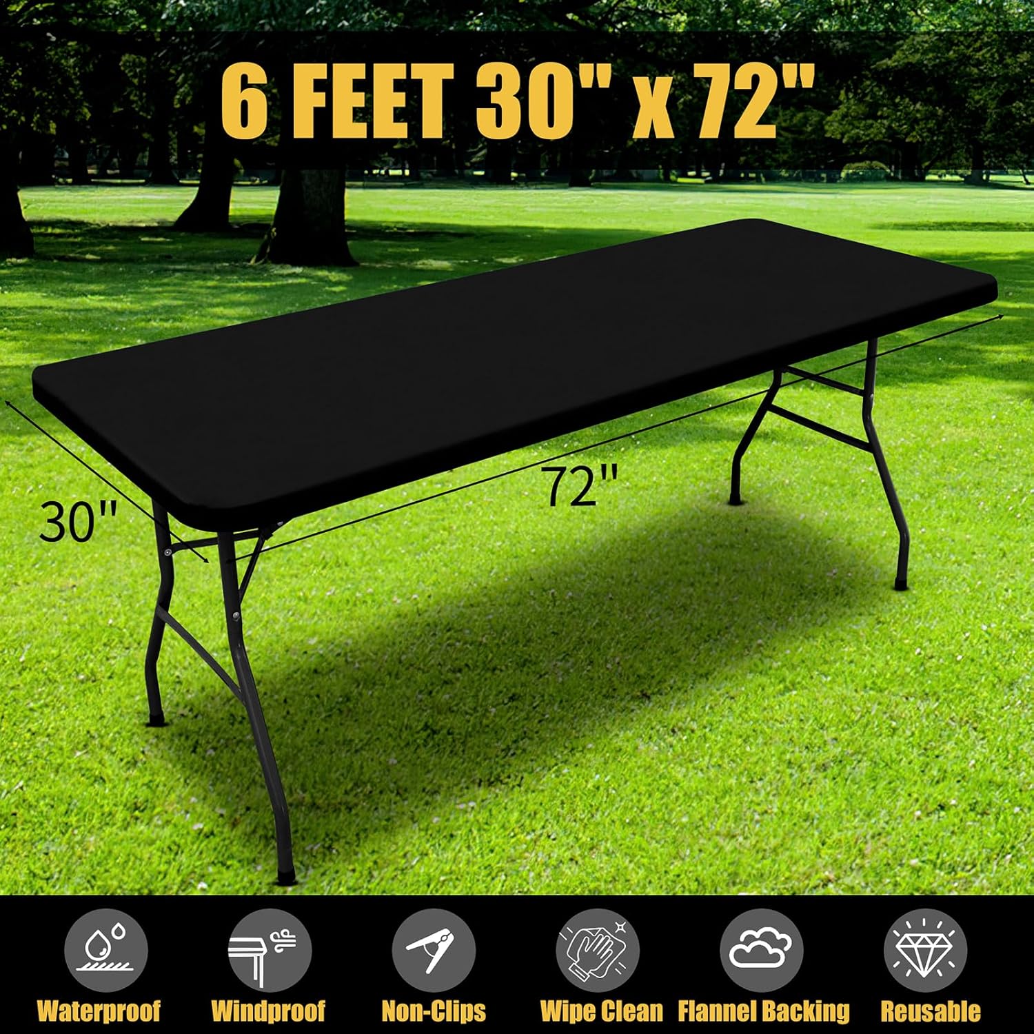 Smiry 6-Foot Picnic Table Cloth Waterproof Elastic Washable - Black 30x72