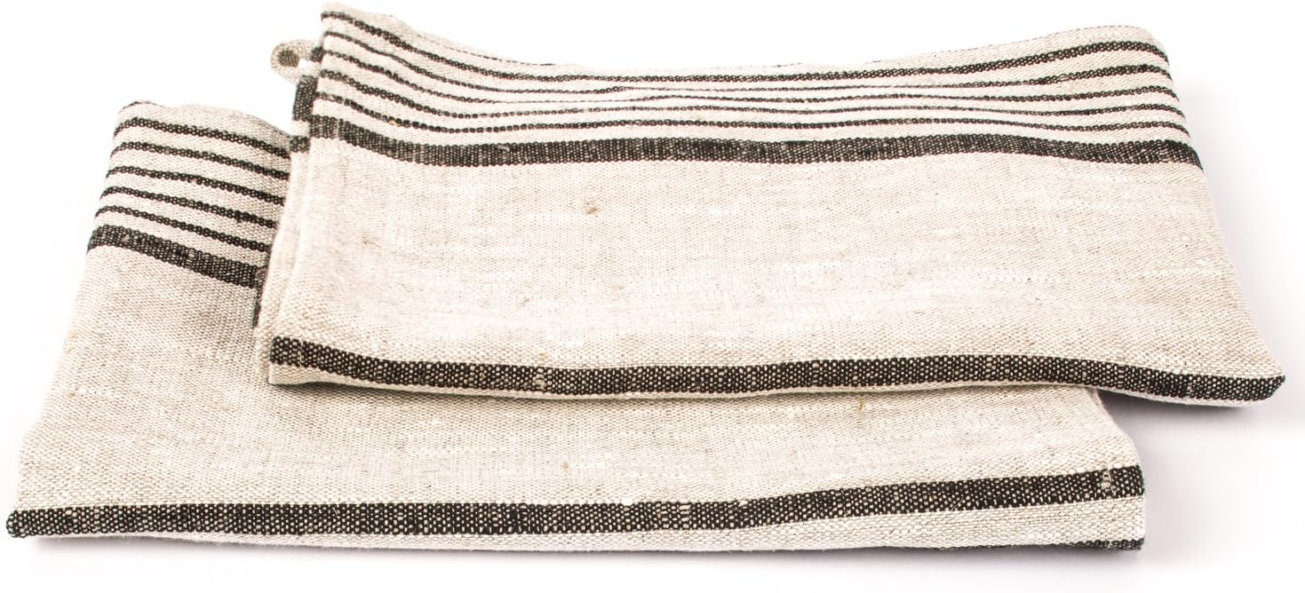 Signature Black Striped Linen Tea Towels Set of 2