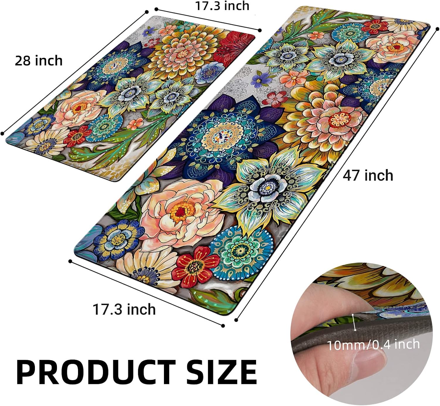 Boho Floral Kitchen Rugs Mat 2-Pack