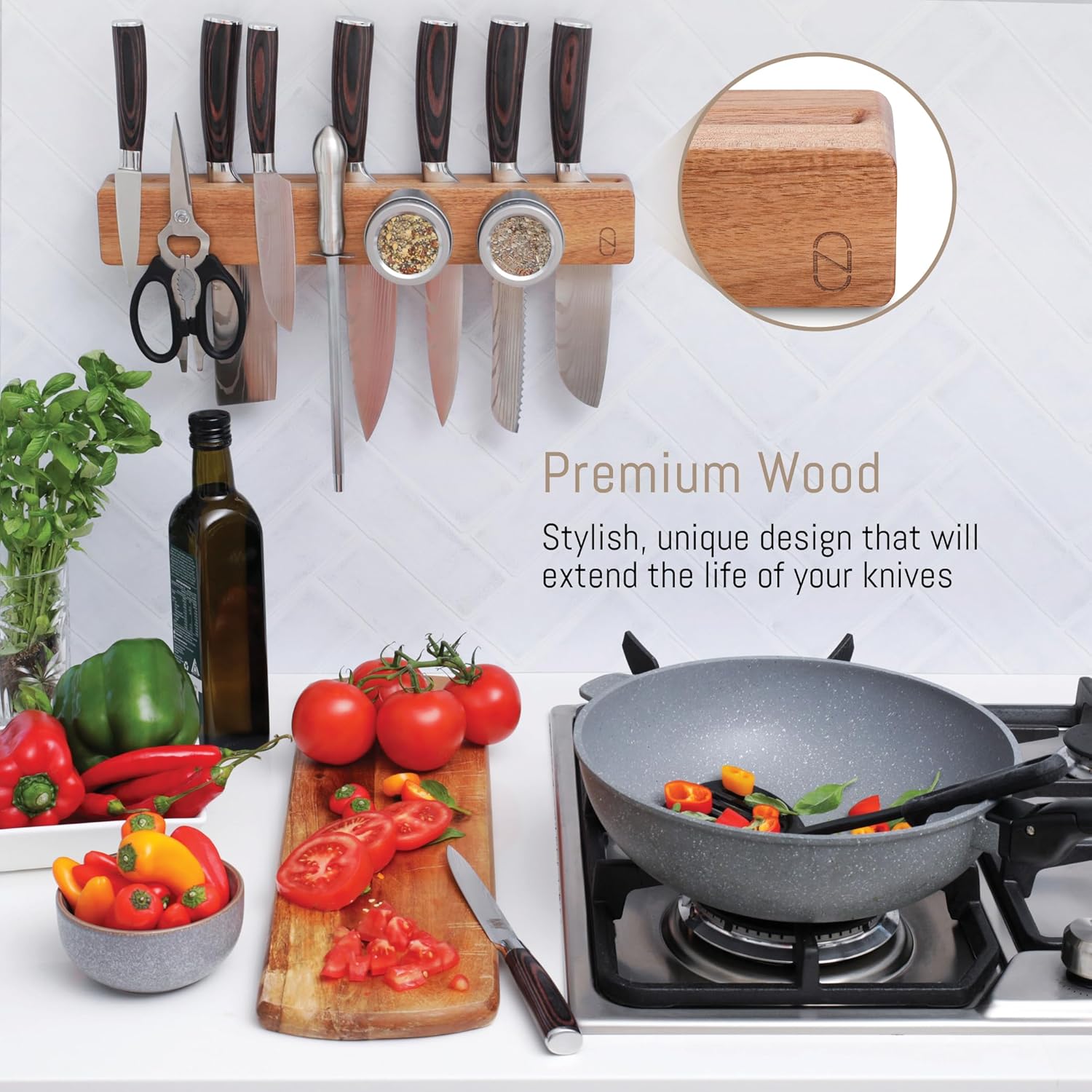 NOVAWARE Magnetic Knife Holder for Kitchen Storage with Double Capacity