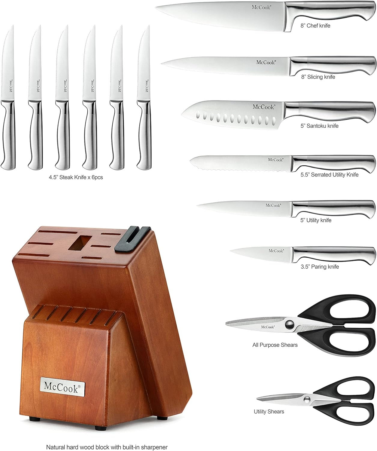 McCook premium German stainless steel knife set with built-in sharpener