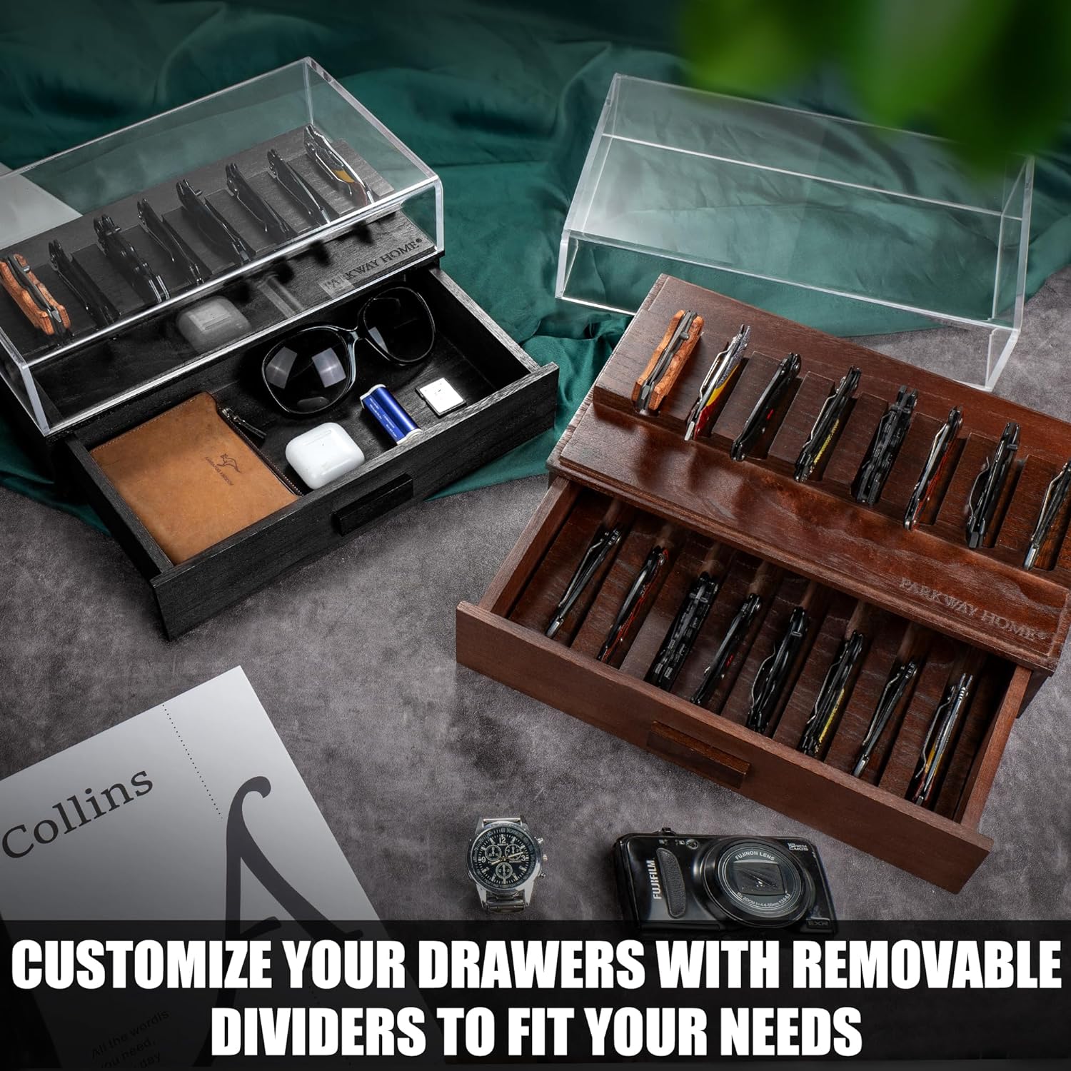 16-Blade Pocket Knife Display Case - Solid Wood Removable Drawer EDCibling - Brown
