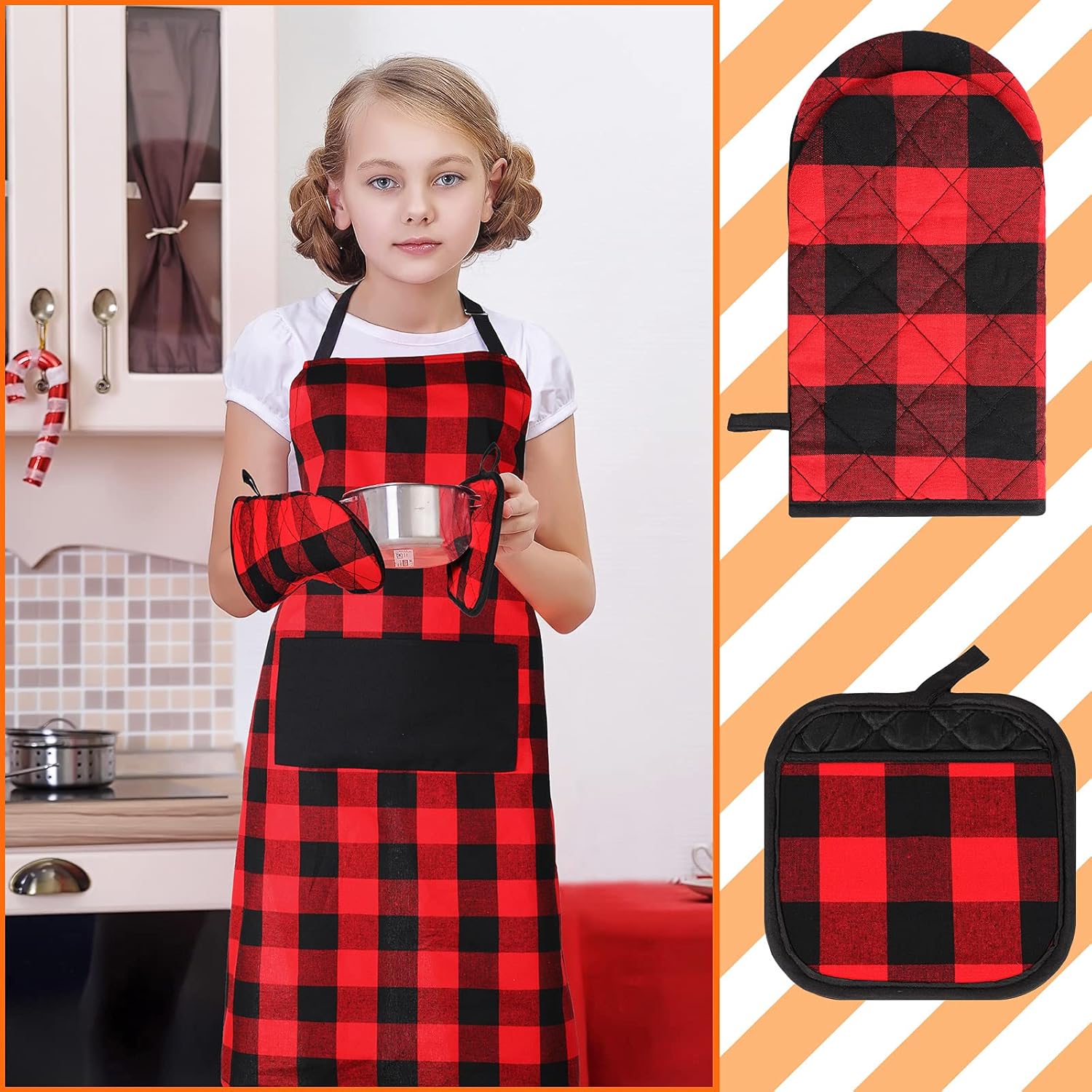 SA Xinior 6-Piece Buff Plaid Apron Set for Kitchen Use