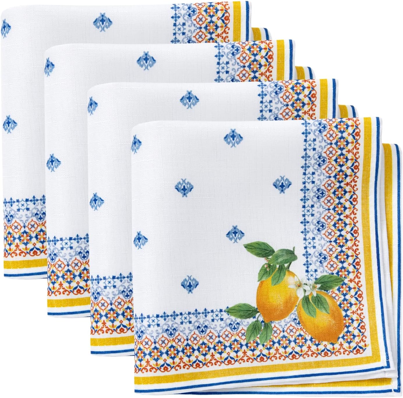 Elrene Home Fashions Capri Lemon Double-Bordered Mediterranean SpringSummer Cloth Napkins