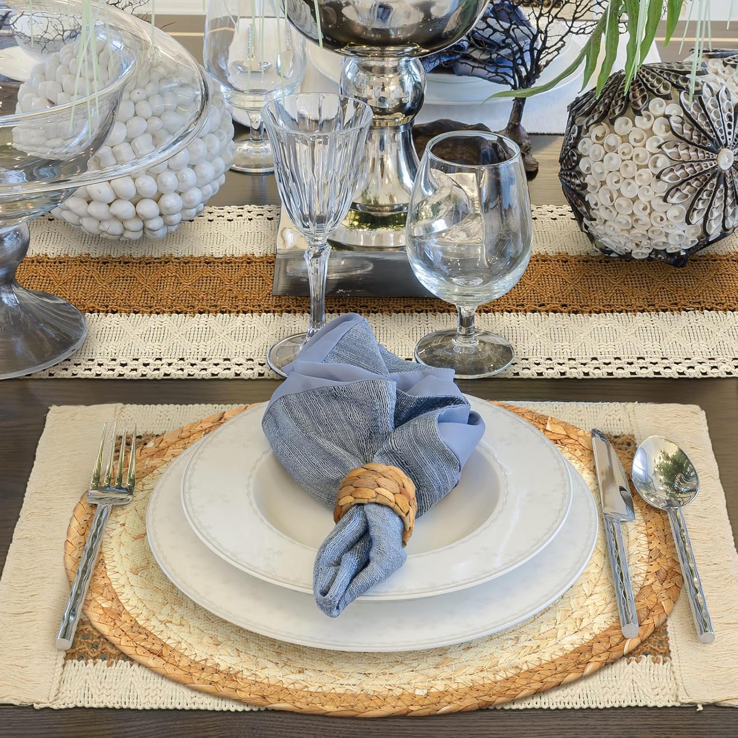 Boho Table Runner Set with Placemats Napkin Rings for Farmhouse Dining