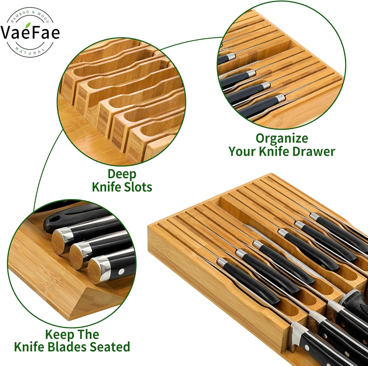 VaeFae Bamboo Knife Organizer for 12 Knives With Sharpener