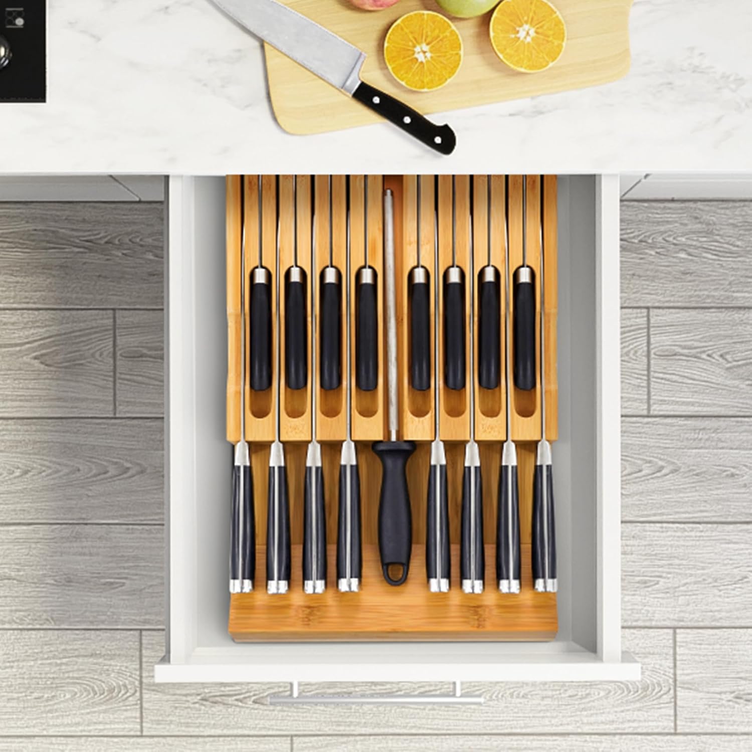 Premium Bamboo Knife Block Kitchen Organizer for 16 Knives Sharpener