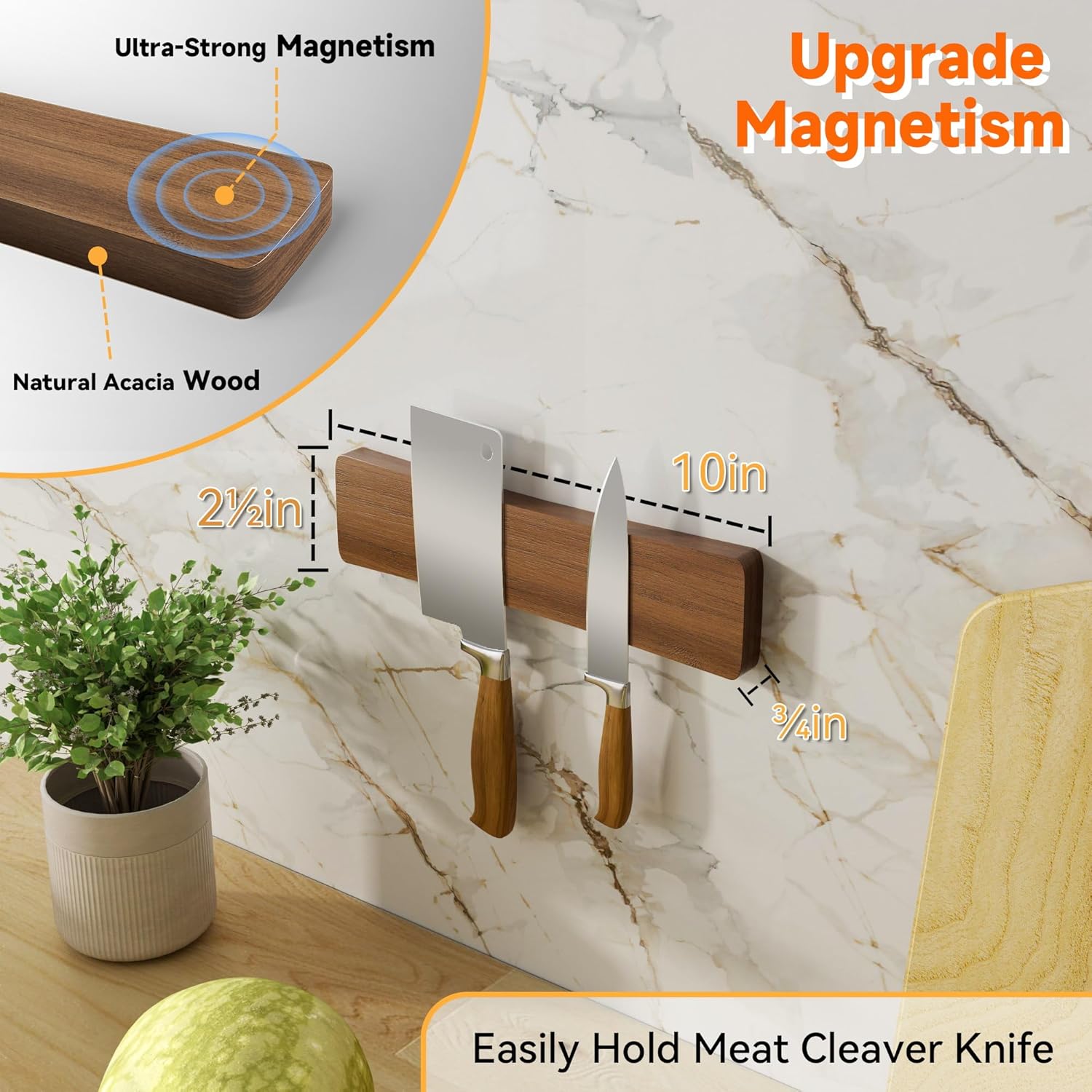 Acacia Wood Magnetic Knife Strip for Wall - No Drill Installation