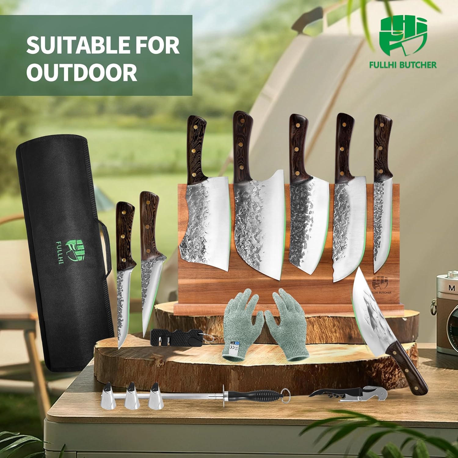 FULLHI 15PCS Chef Butcher Knife Set with Magnetic Holder