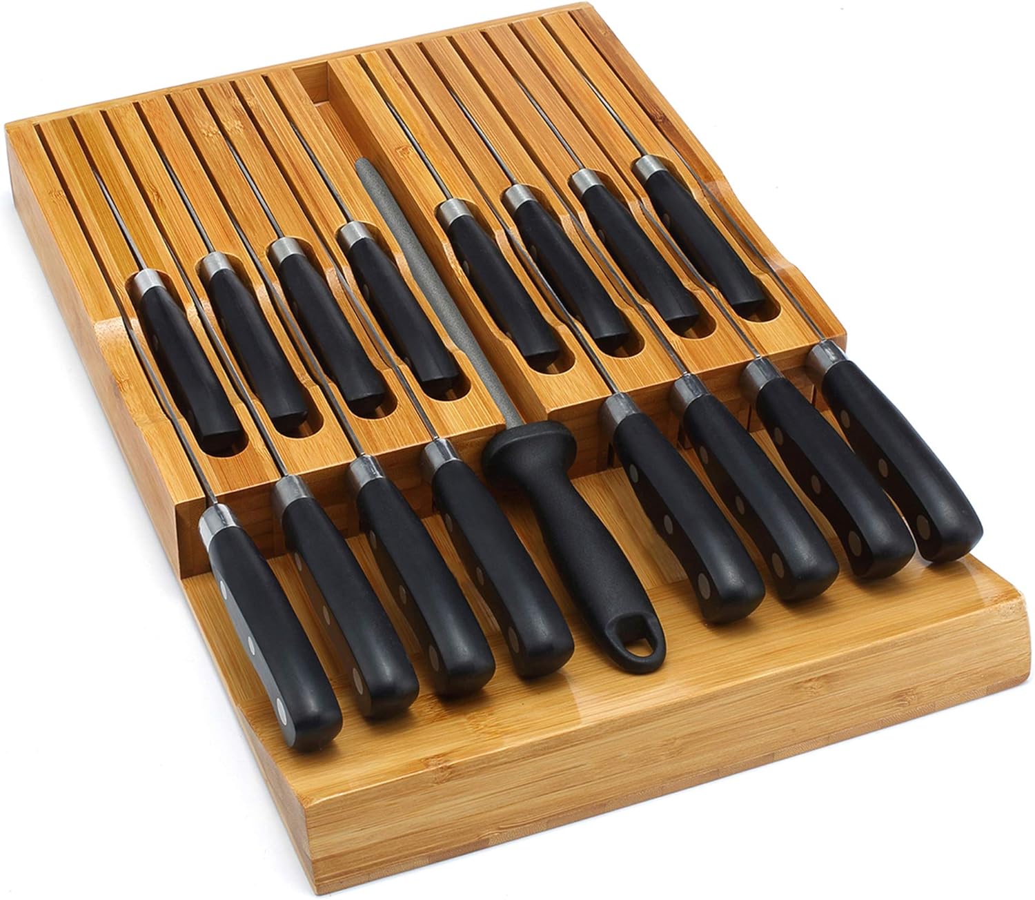 Premium Bamboo Knife Block Kitchen Organizer for 16 Knives Sharpener