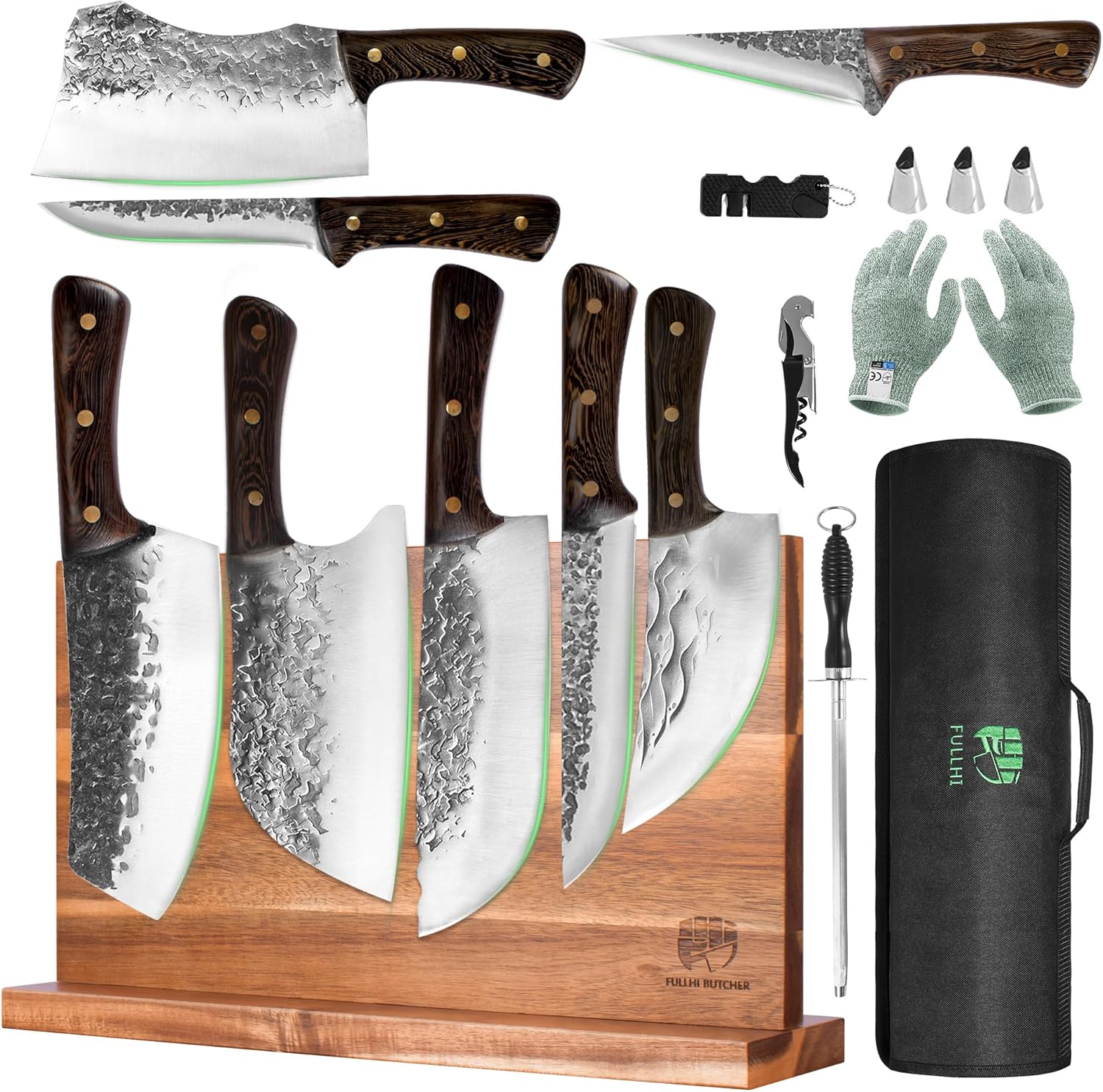 FULLHI 15PCS Chef Butcher Knife Set with Magnetic Holder