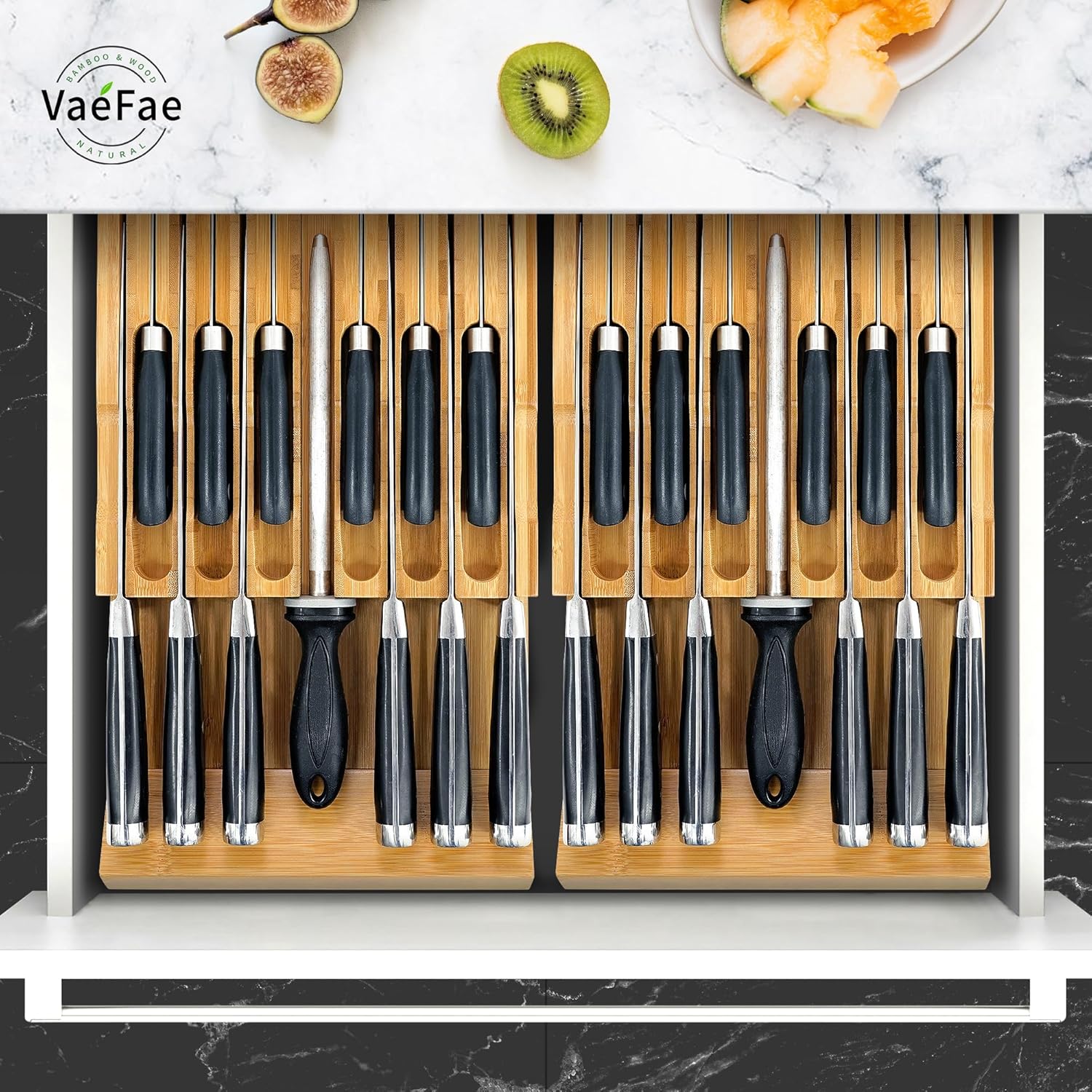 VaeFae Bamboo Knife Organizer for 12 Knives With Sharpener