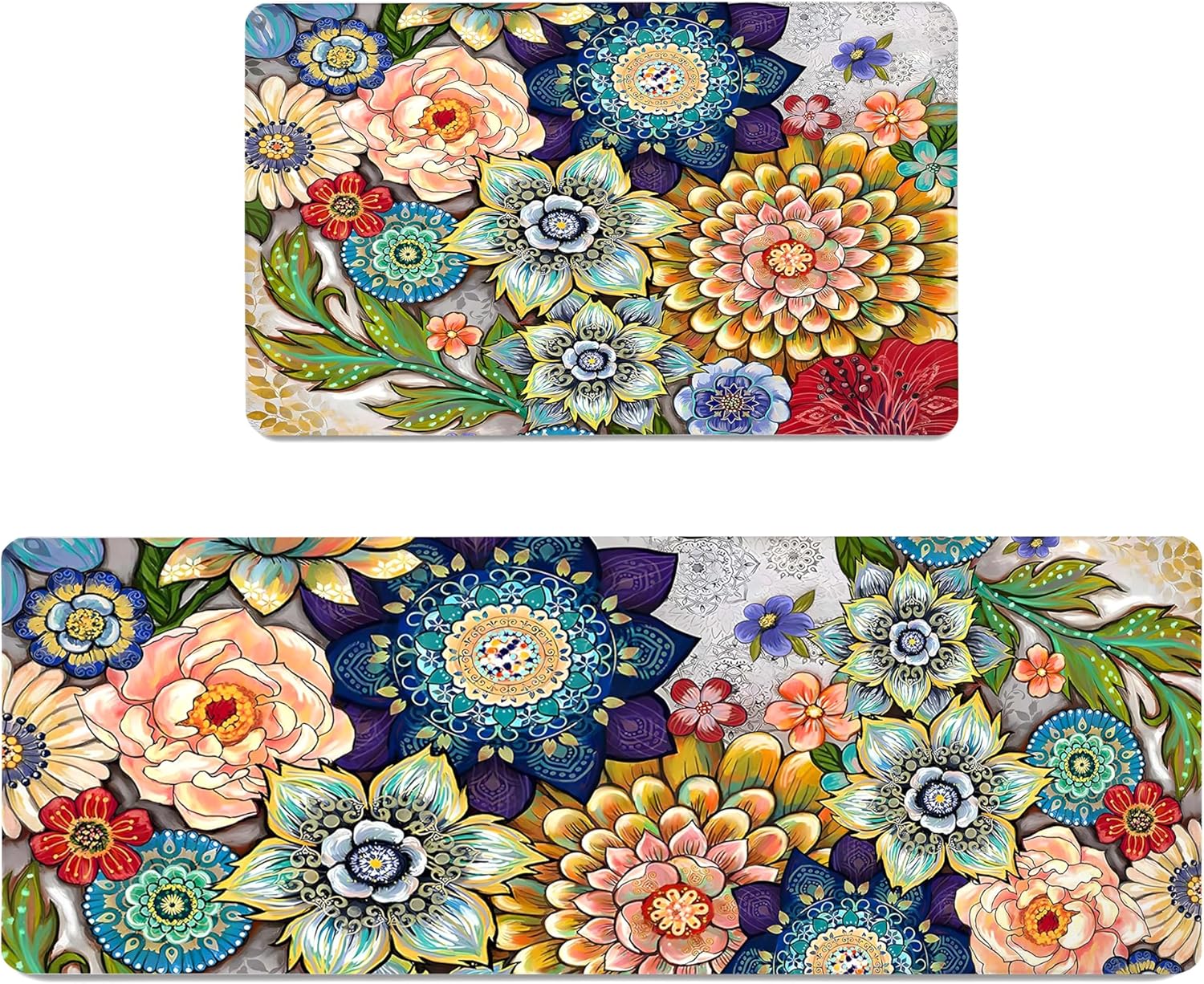 Boho Floral Kitchen Rugs Mat 2-Pack