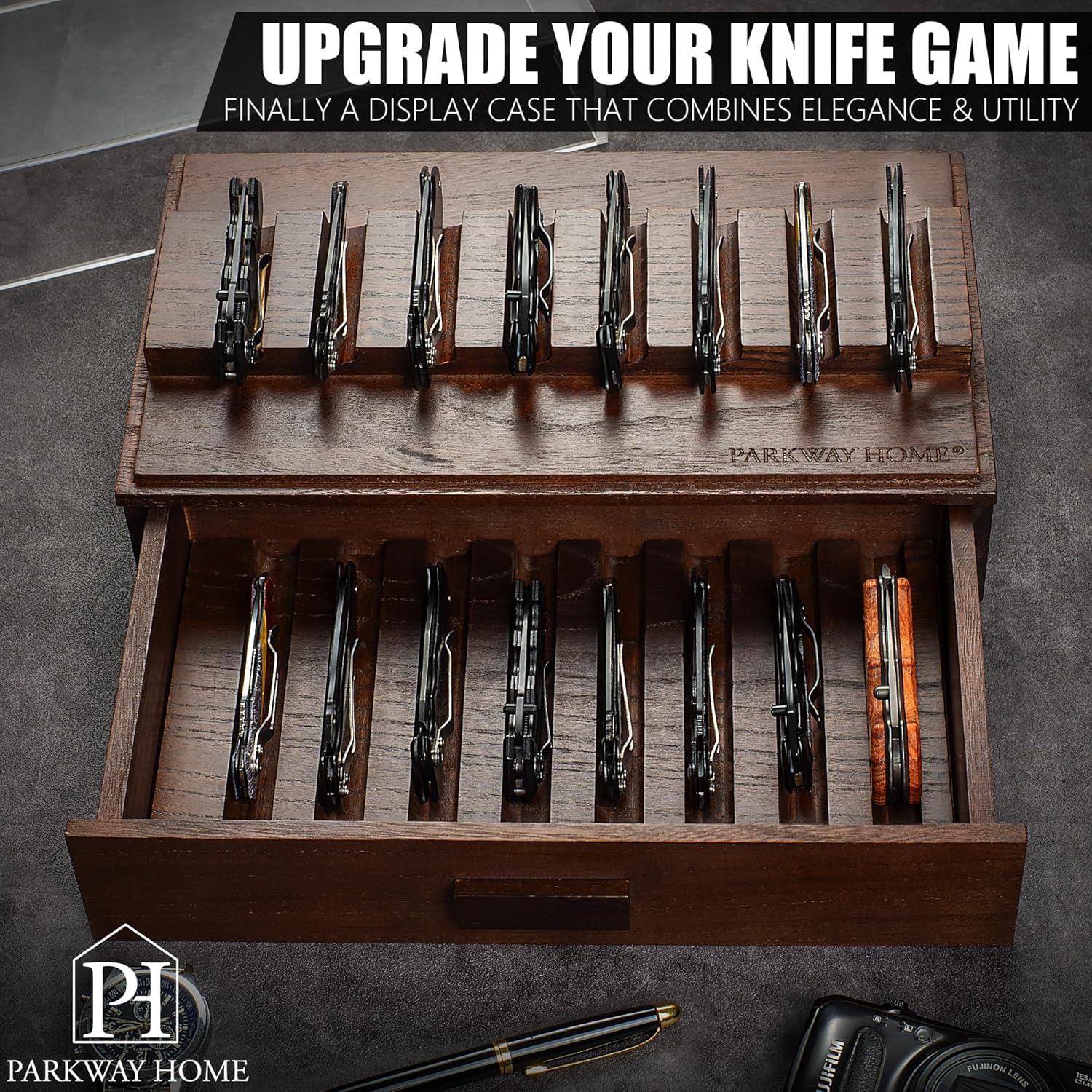 16-Blade Pocket Knife Display Case - Solid Wood Removable Drawer EDCibling - Brown