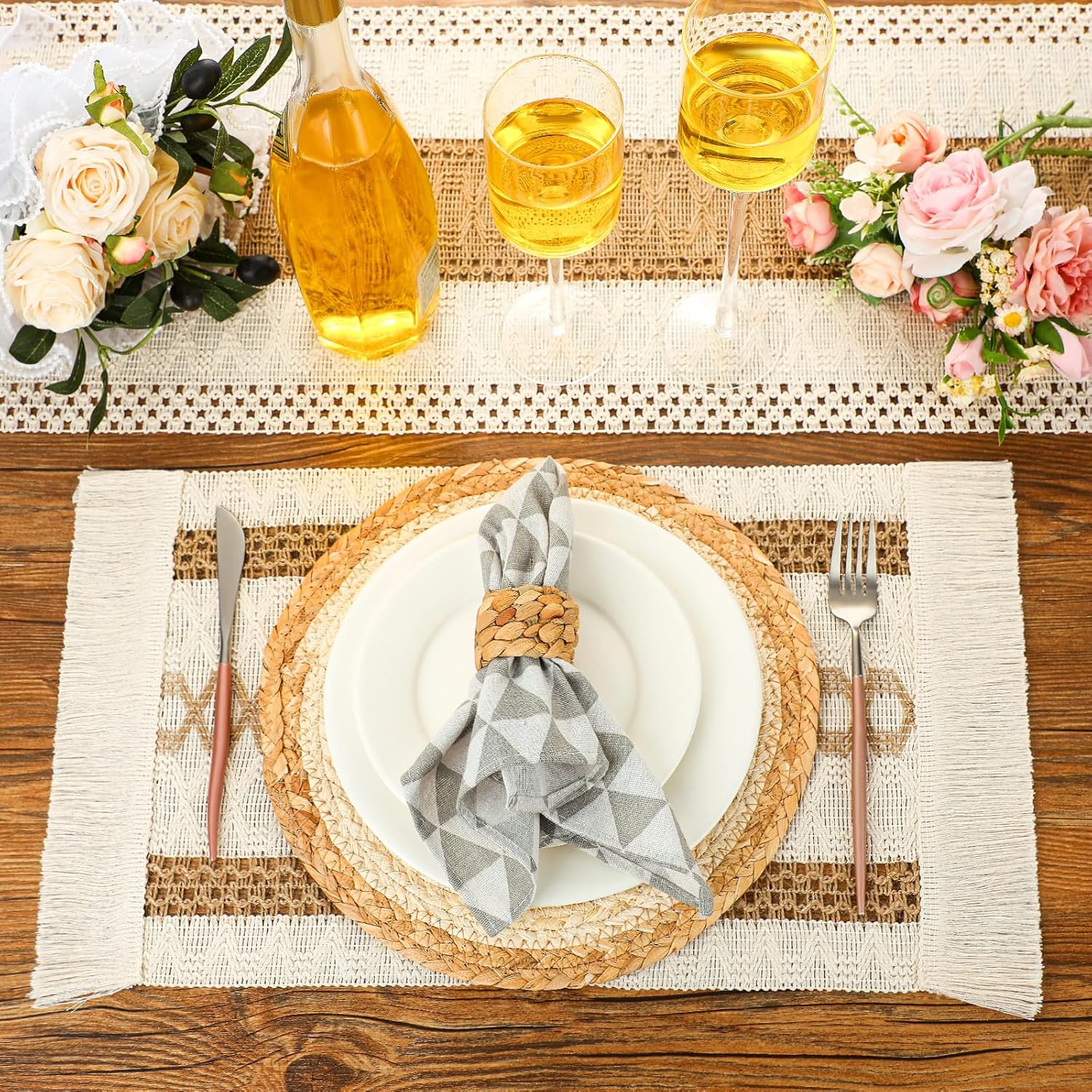 Boho Table Runner Set with Placemats Napkin Rings for Farmhouse Dining