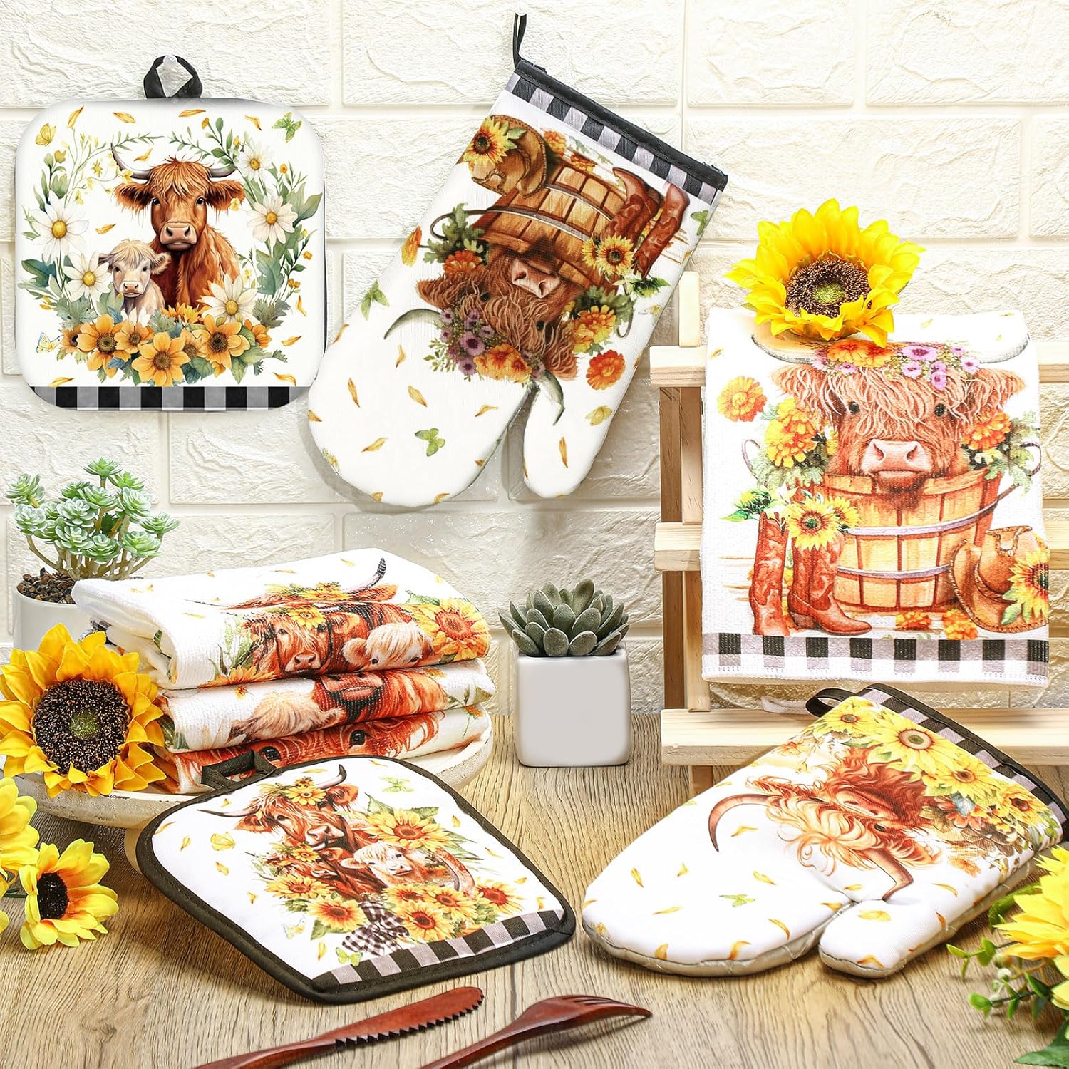 VitalCozy 8-Piece Summer Kitchen Set - Sunflower Cow Pot Holders Oven Mitts