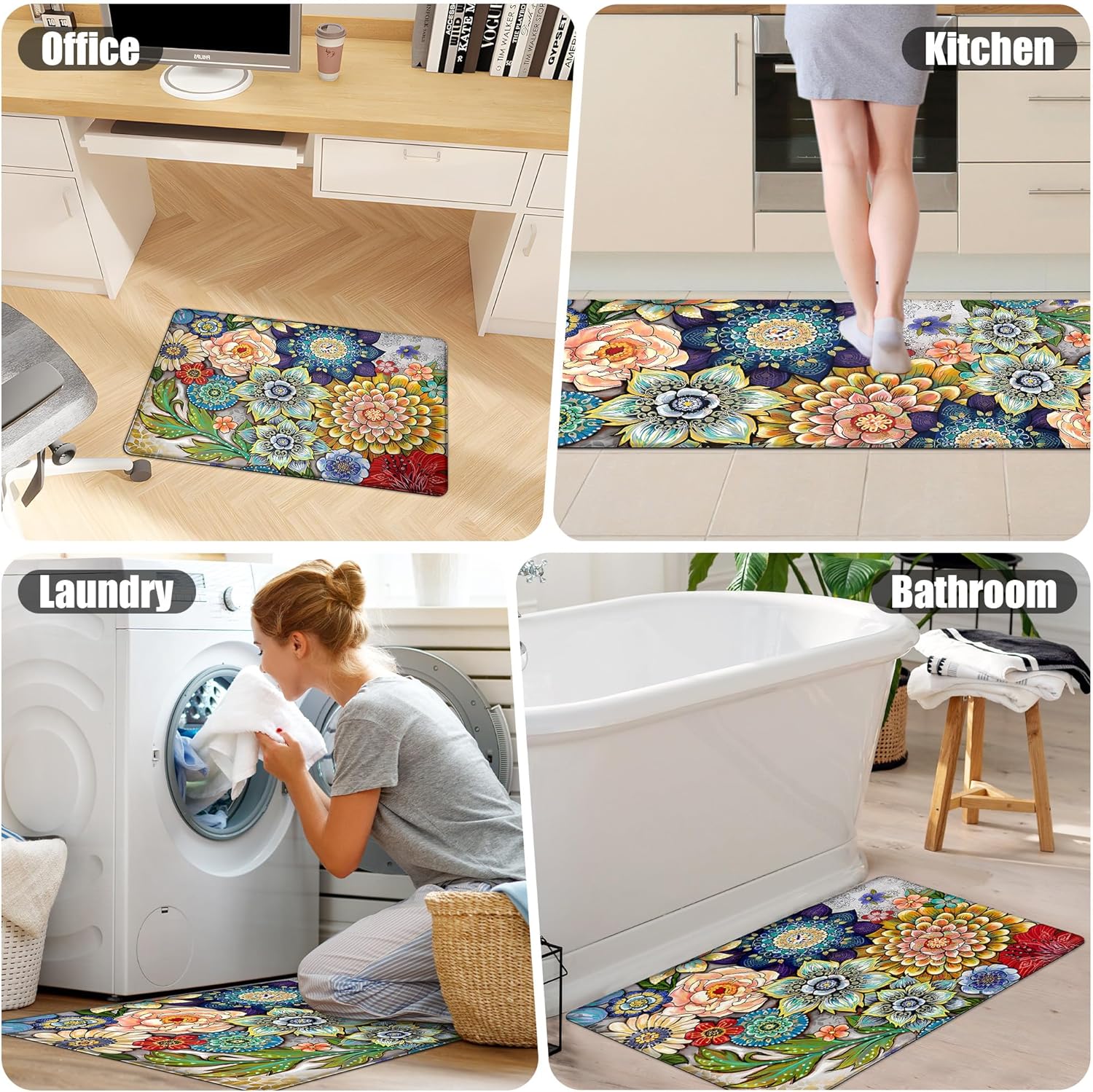 Boho Floral Kitchen Rugs Mat 2-Pack