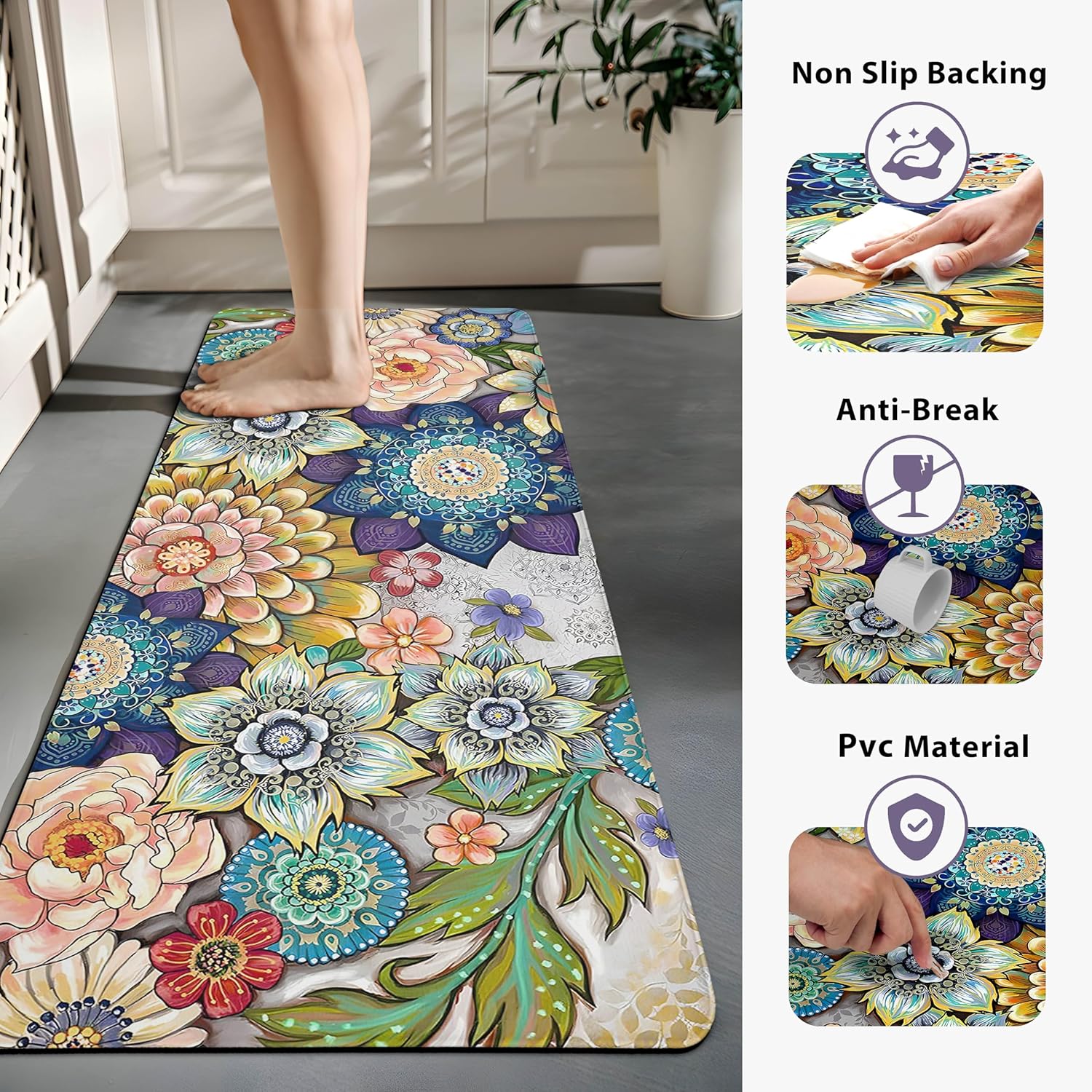 Boho Floral Kitchen Rugs Mat 2-Pack