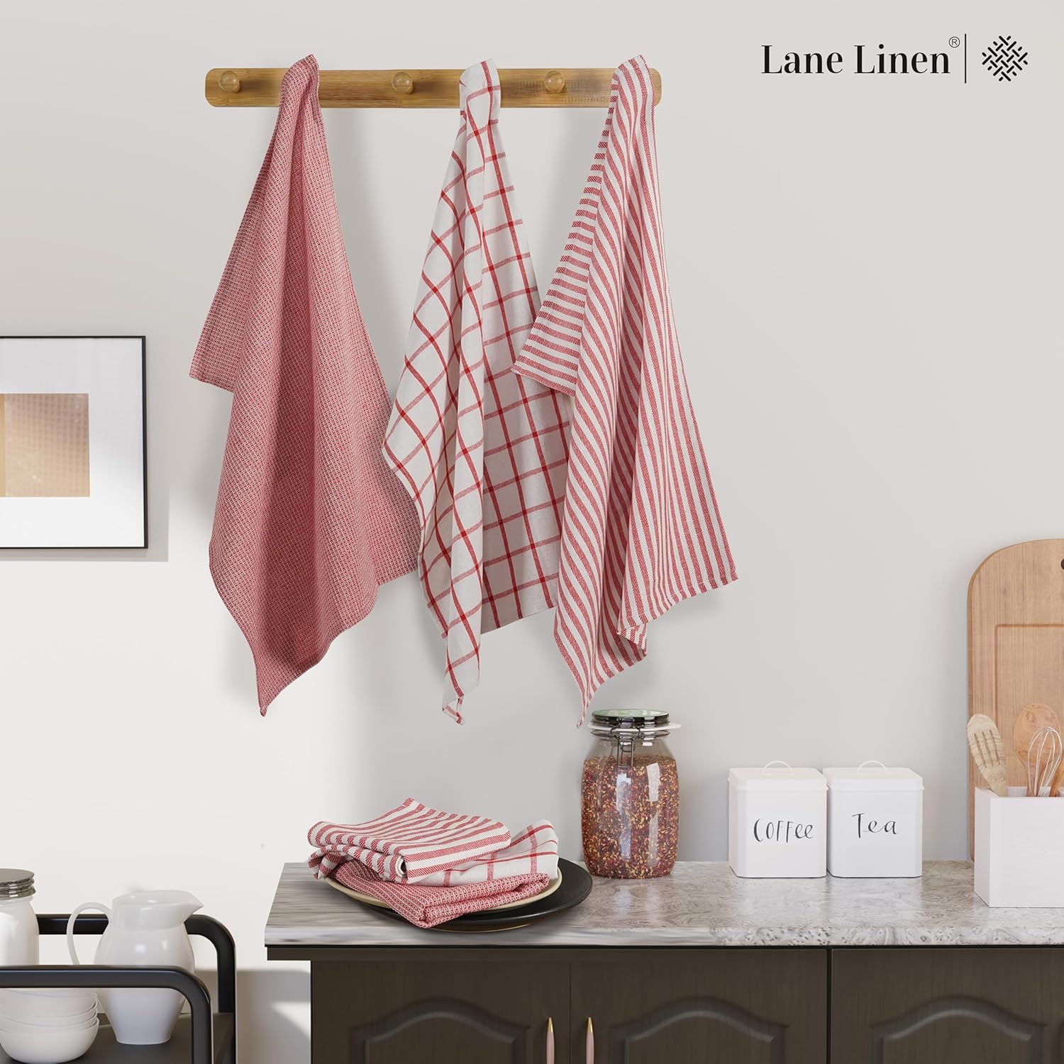 Premium 100 Cotton Kitchen Towels Set - Durable Absorbent Red